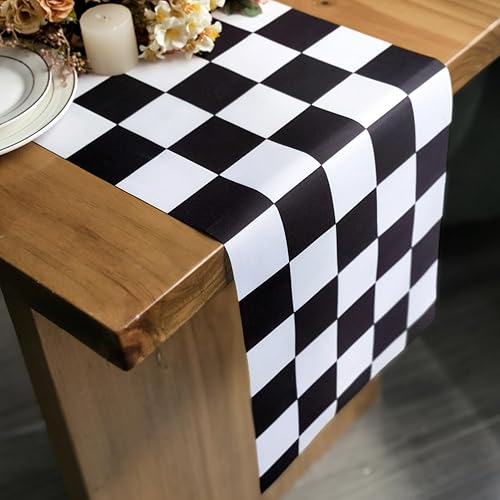 Miniatura 1 de Camino de mesa de poliéster con tema de carreras de tablero de ajedrez blanco y negro para aniversario, corredor, cena, fiestas, cumpleaños, boda,