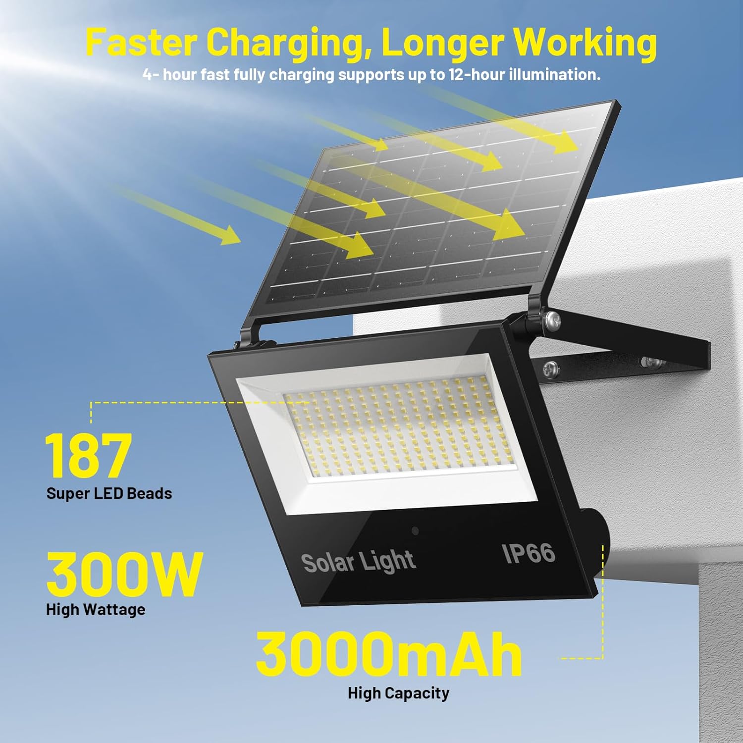 Ollcuz Solar Flood Lights Outdoor with Motion Sensor, 300W IP66 Waterproof Dusk to Dawn Solar Powered Portable LED Work Light w/Remote Control for Porch Patio Barn Garage, 2 Pack