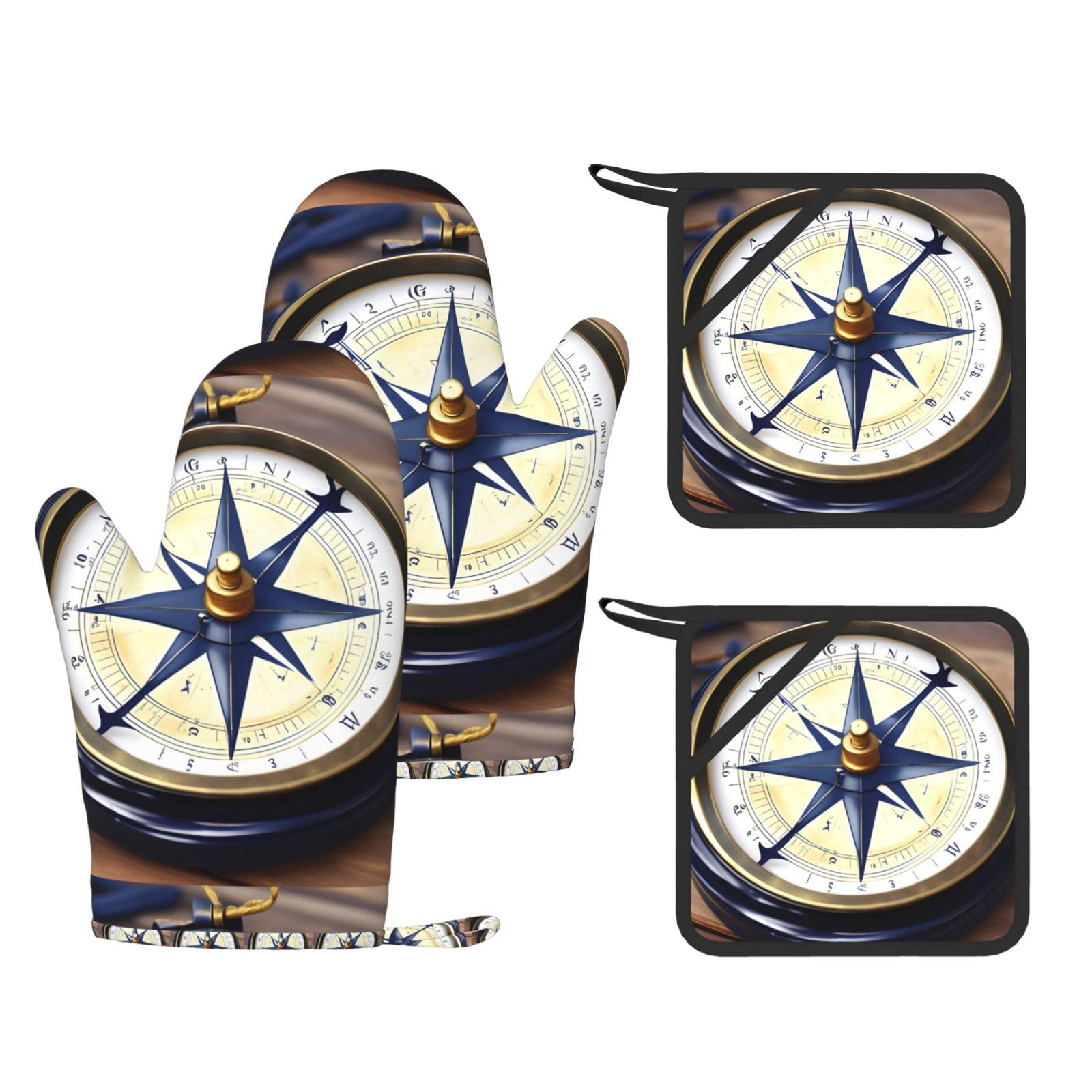 Sail Boat Nautical Compass Print Kitchen Heat Resistant Set,Cooking Kit With Hanging Loop For Baking & Bbq