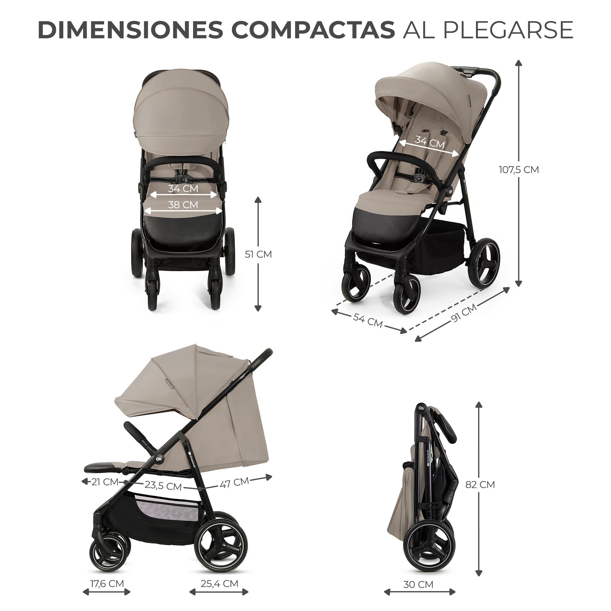 Kinderkraft TRIG 3, Silla de Paseo, Ligera y manejable, Suspensión, Cinturón de 5 puntos, Reposapiés, Ajustable, Carga máxima de 25 kg, Beige