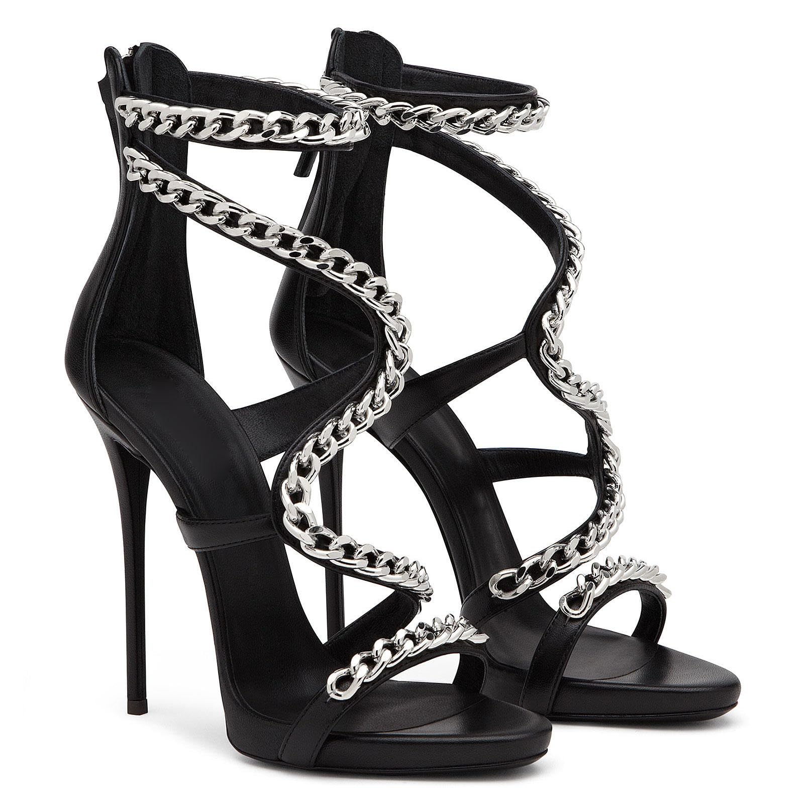 Talons Hauts Sandales Talon Aiguille Bout Ouvert Femme Fermeture Éclair Chaîne Chaussures Soirée Mariage Bal 12cm,Black-34