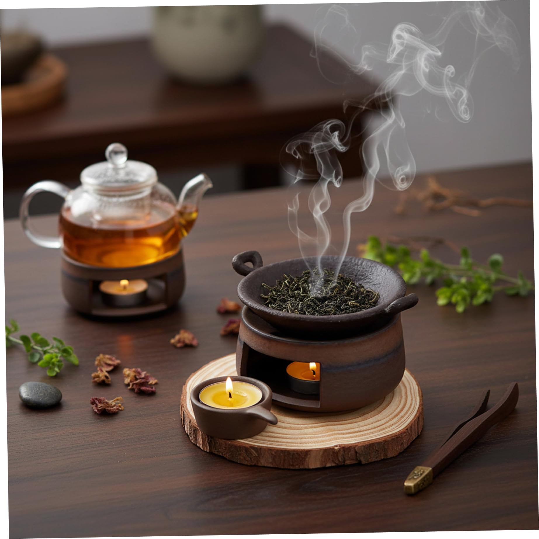Quemador de Incienso de cerámica, Calentador de Aceite Esencial de cerámica Hecho a Mano con tapete de Pino y Pinzas, Doble Uso para derretir Cera y Calentar té, decoración del hogar Zen para relajac