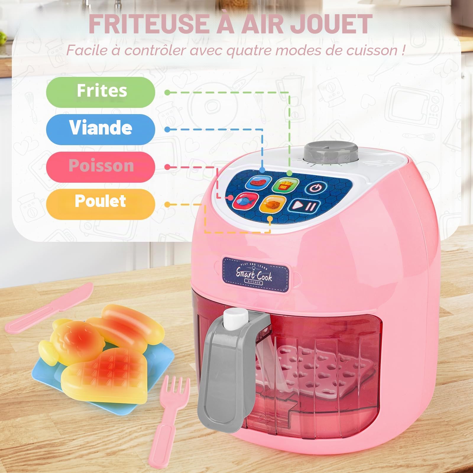deAO Friteuse à Air Jouet, Ensemble de Cuisine avec Sons, Lumières (Rose) | Aliments Changeant de Couleur, Matériaux Sûrs, sans Bords Tranchants, pour Garçons et Filles, Cadeau Enfant