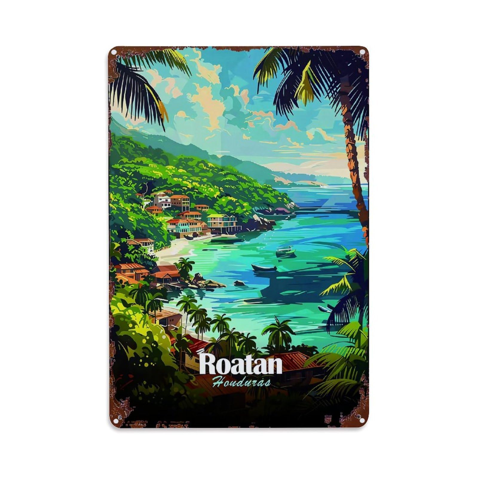 Tropical Beach Village Scene Print Retro Metal Tin Sign, Vintage Metal Poster for home, Gaming Room, Studio Workshop,Bar,Garage Wall Art Decor 8x12 Inch