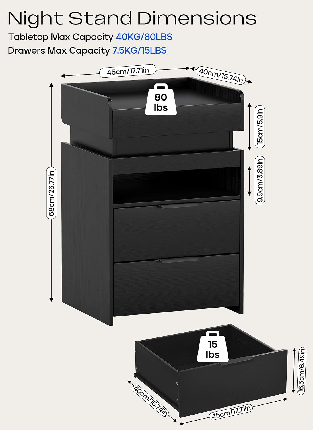 Nightstands Set of 2, LED Night Stand with Gun Drawer, Smart Nightstand withHidden Charging Station, Modern Beside Table with USB and Type-C Port for Bedroom (Black)