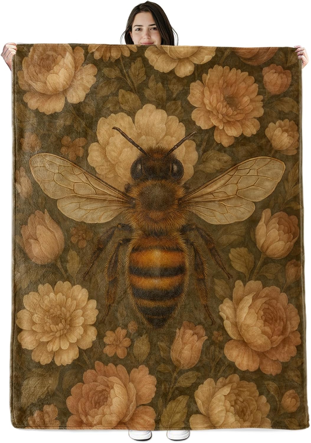 Bee Blanket Gifts for Boys Girls Kids, Vintage Honey Bee and Peony Floral Garden Warm Soft Flannel Throw Blankets for Travel, Sofa, Room, Bedroom Birthday Christmas Spring Decor, 40x50 in