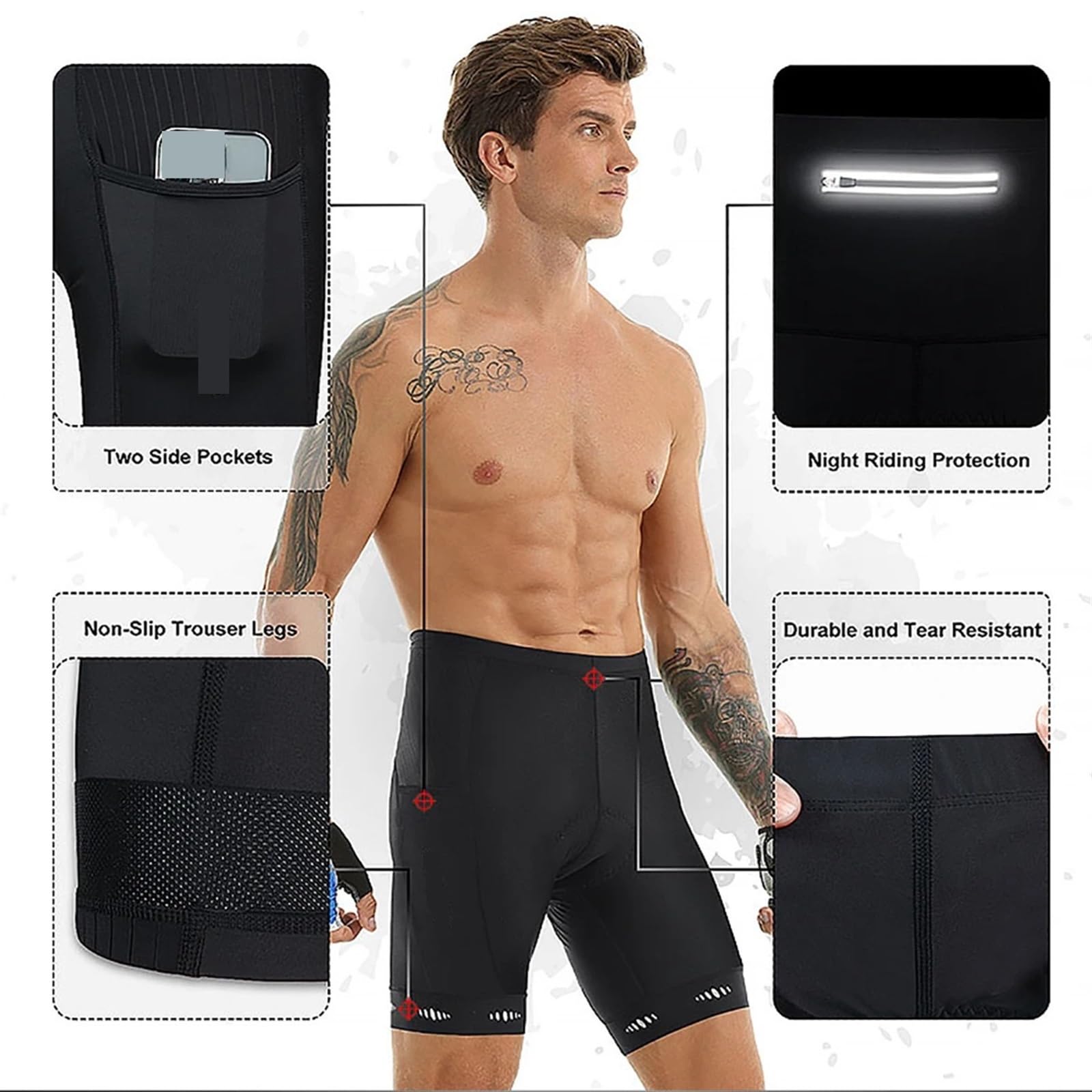 Pantaloncini Ciclismo Uomo Pantaloncini da ciclismo Pantaloncini da bici da uomo Imbottitura in gel 5D da equitazione Corto da bicicletta riflettente più corto con calzamaglia da ciclismo a 3 tasche
