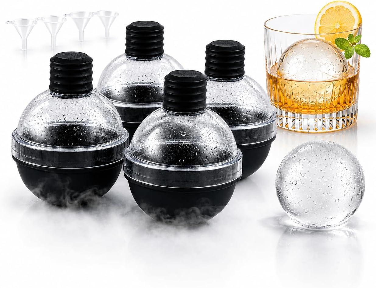 Large Silicone Round Ice Molds for Whiskey, Set of 4, Make 2.5in Ice Balls