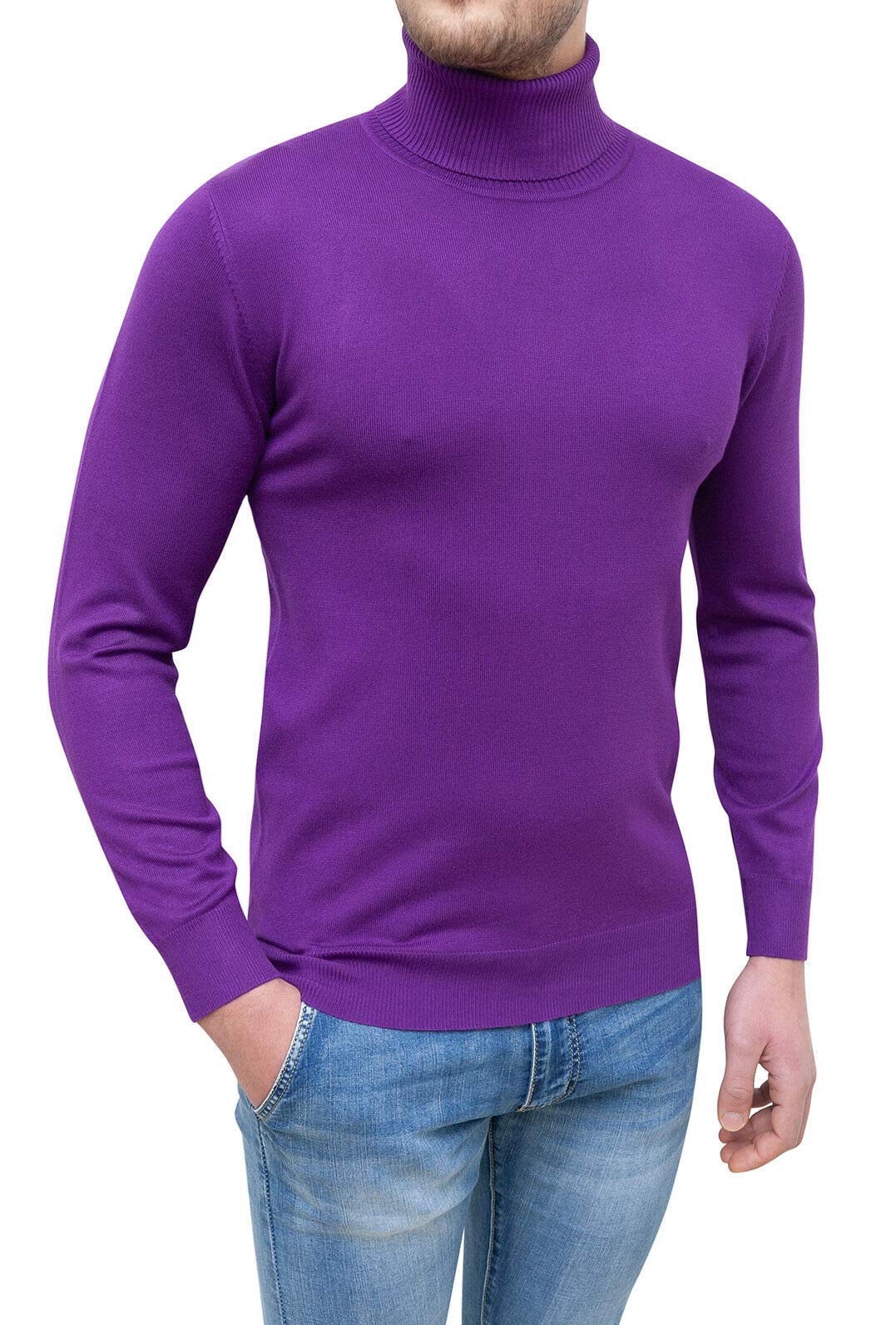 Evoga Maglione Dolcevita Uomo Viola Slim Fit Maglia Pullover Casual