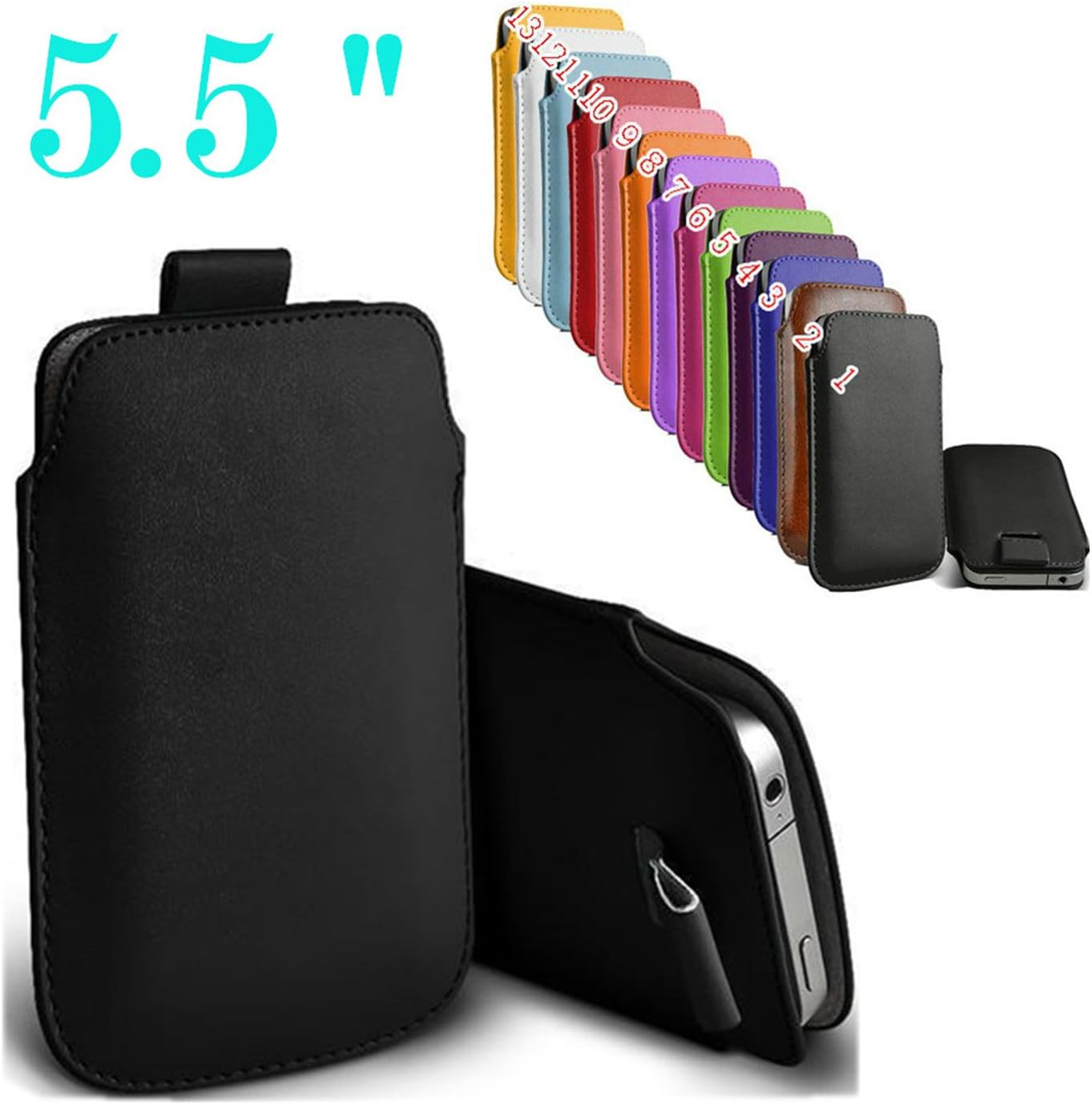 uFashion3C iPhone 6/6S Plus 5.5'' PU Leather Sleeve Pouch Case with Pull Tab (Without Other Case) - 13 Colors- Retail Packaging (Black)