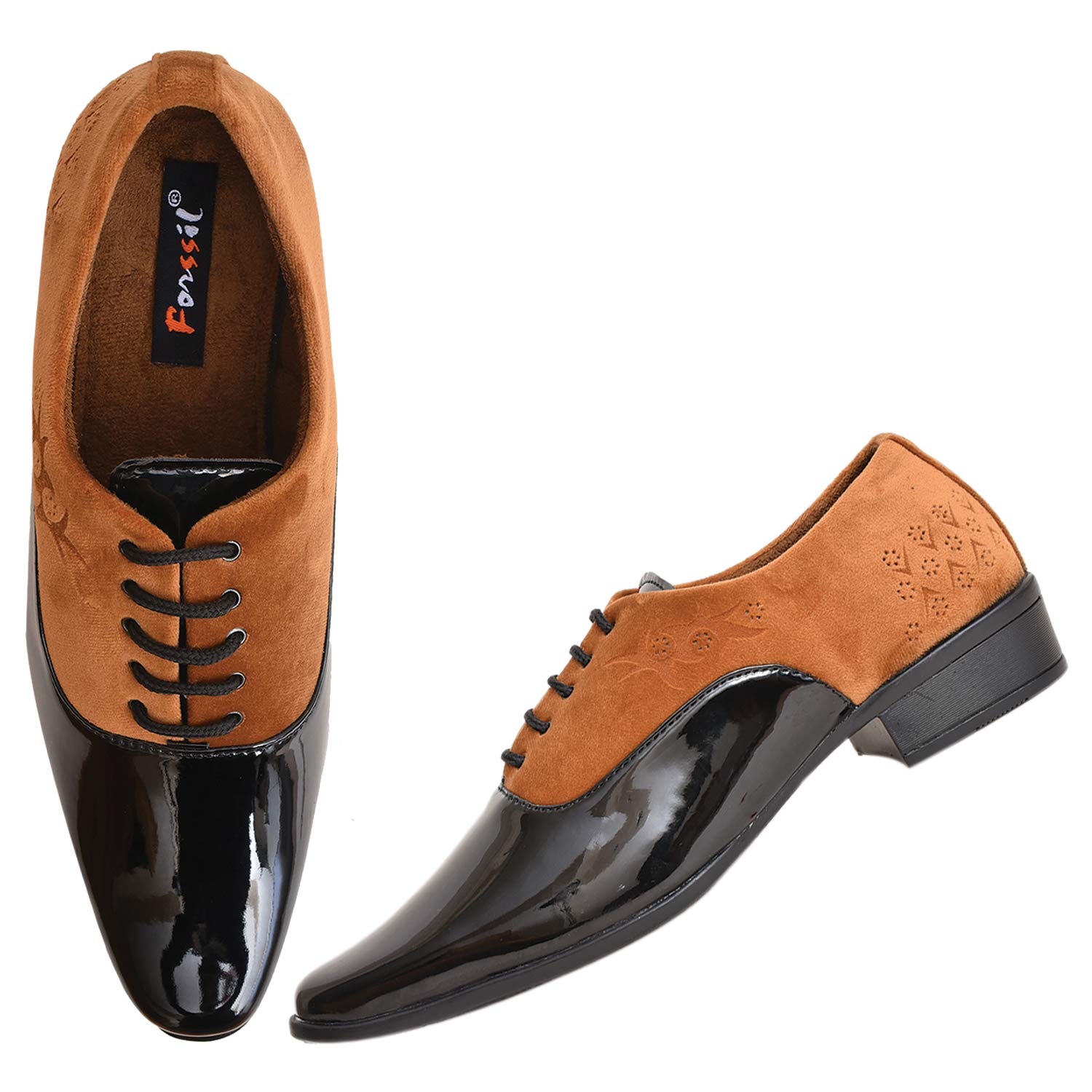FORSSIL Present Mens Laser-Cut Designed Lace-Up Patent Synthetic Derby Formal Shoe for Men Tan (B08K39F8M9) Amazon Price History, Amazon Price Tracker