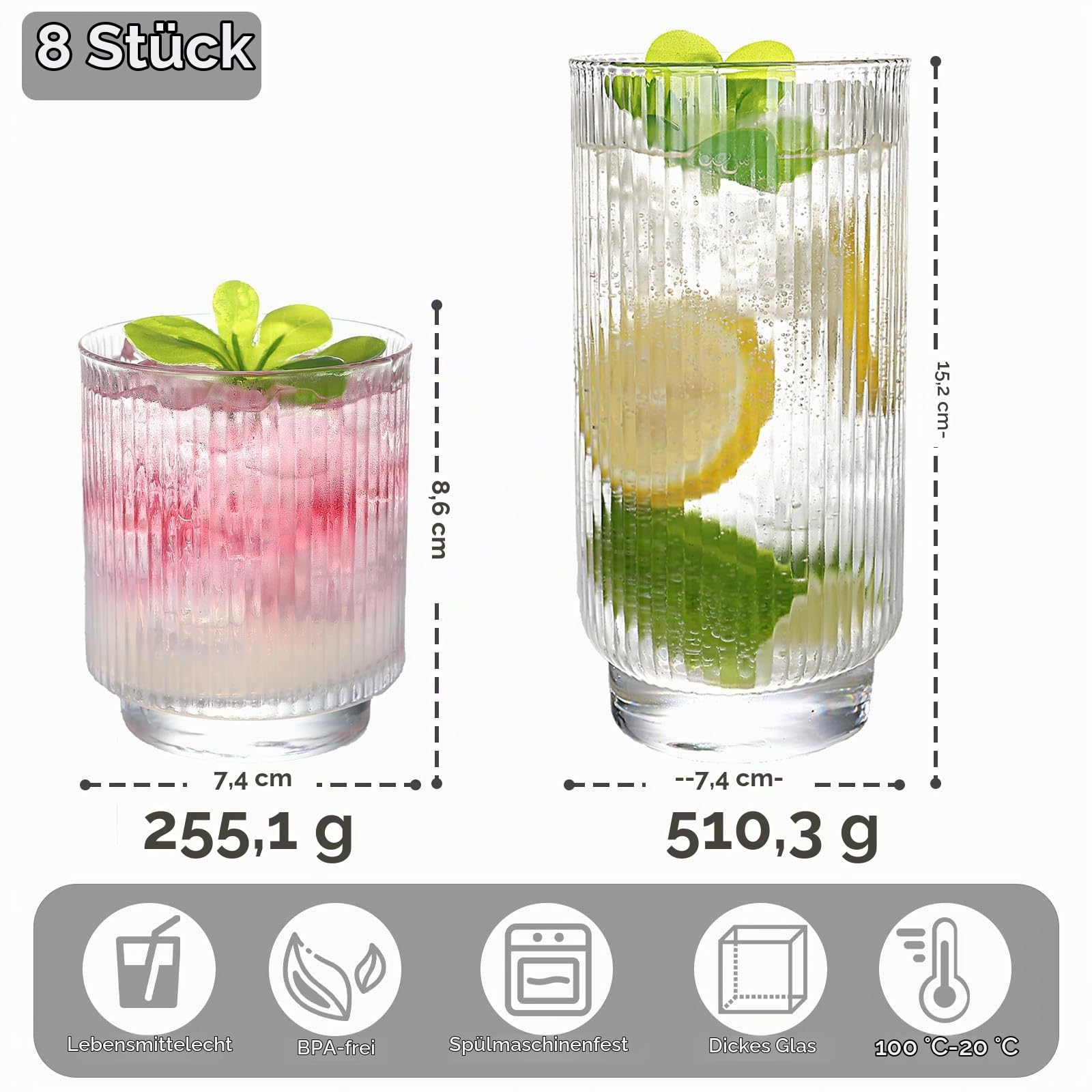 Set mit 8 geriffelten Glasbechern mit Kristallboden, 4 Highball-Gläsern, 400 ml und 4 Rocks-Trinkgläser, 266 ml, Art-Deco, für Wasser, Eiskaffee, Cocktail, Saft, Whiskey, Geschenk