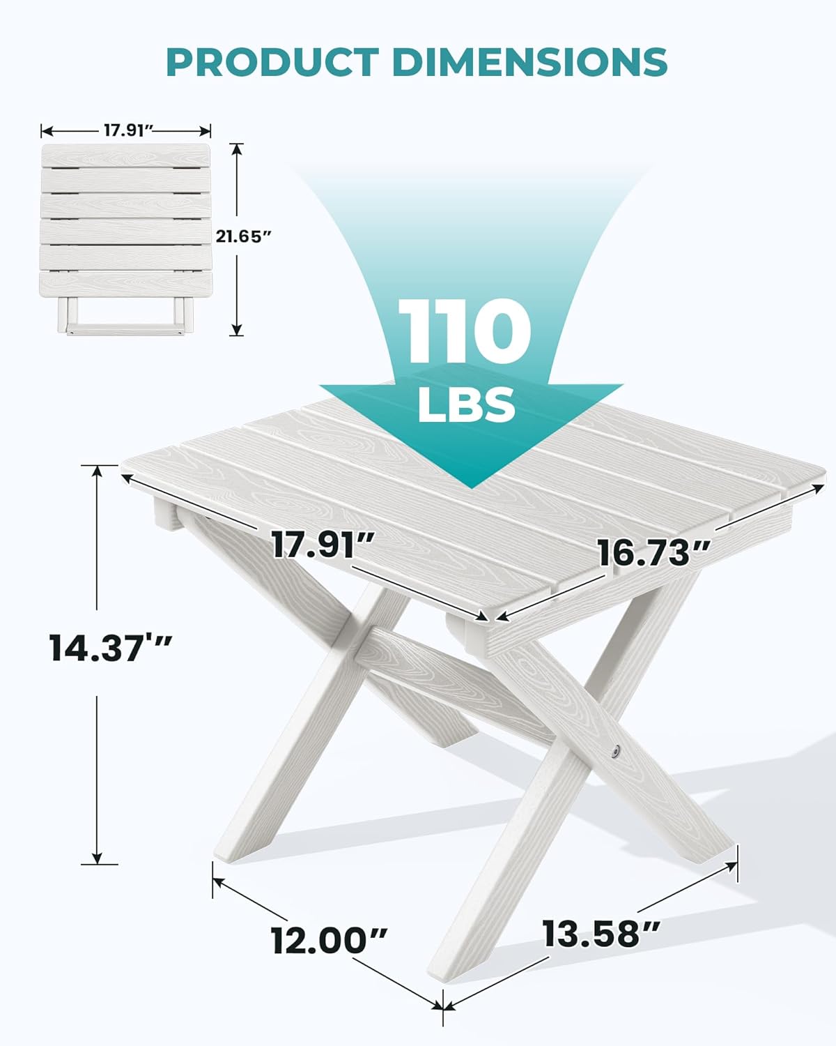 SERWALL Folding Outdoor Side Table Set of 2, Portable Adirondack Side Table, White