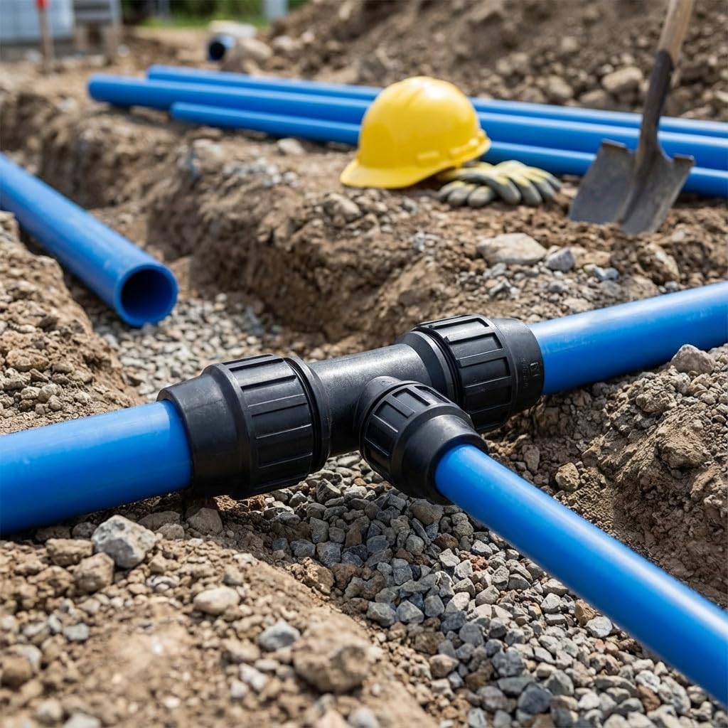 Confezione 4 x TE 50-40-50 mm POLIETILENO. Prodotto certificato AENOR utilizzato su tubi PE 50 mm 1 1/2" e PE 40 mm 1 1/4" per uso idraulico, irrigazione e cantiere.