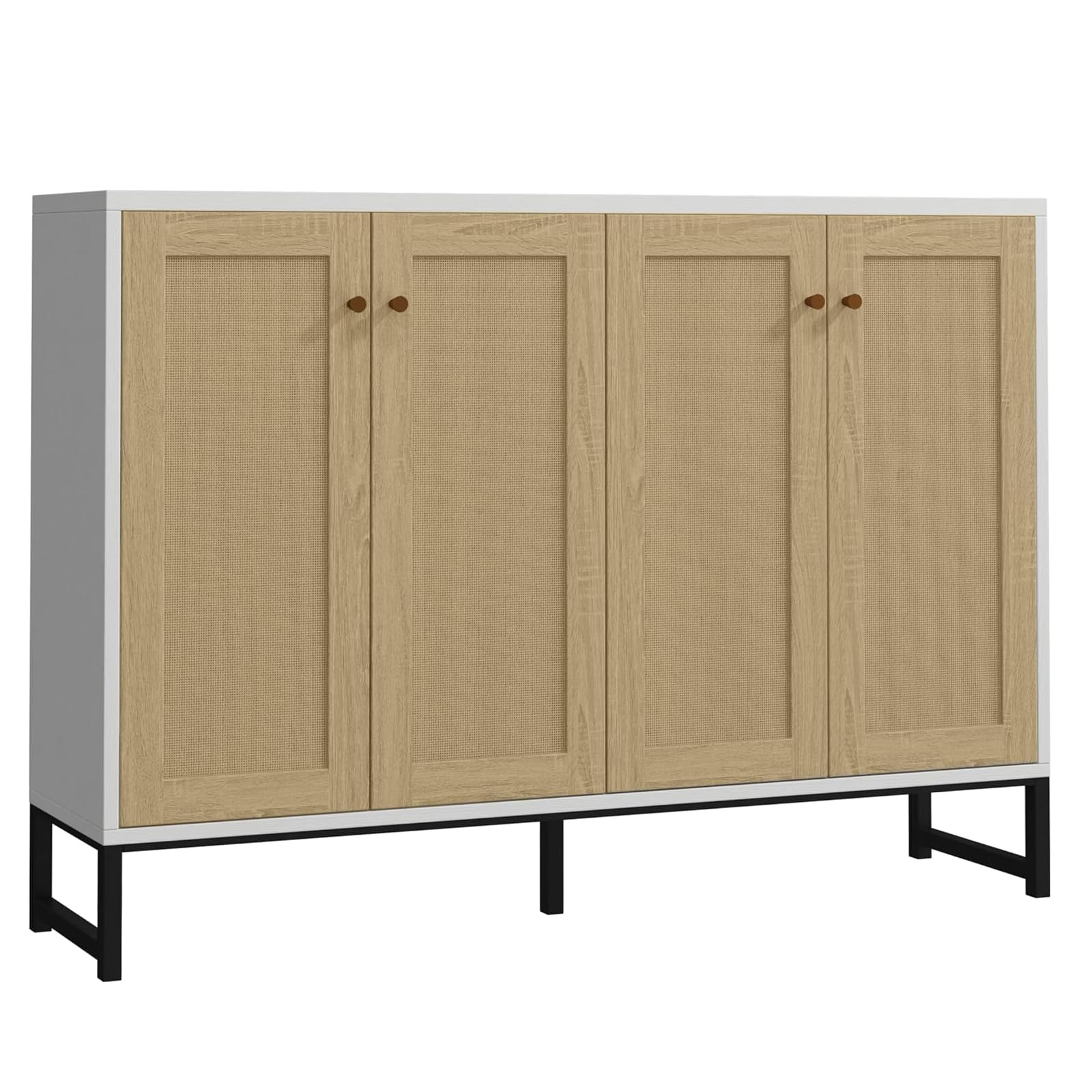 Panana 4-Door Accent Cabinet Sideboard Rattan Decorated Buffet Cabinet for Dining Room Kitchen Storage Farmhouse Console TV Stand (White)