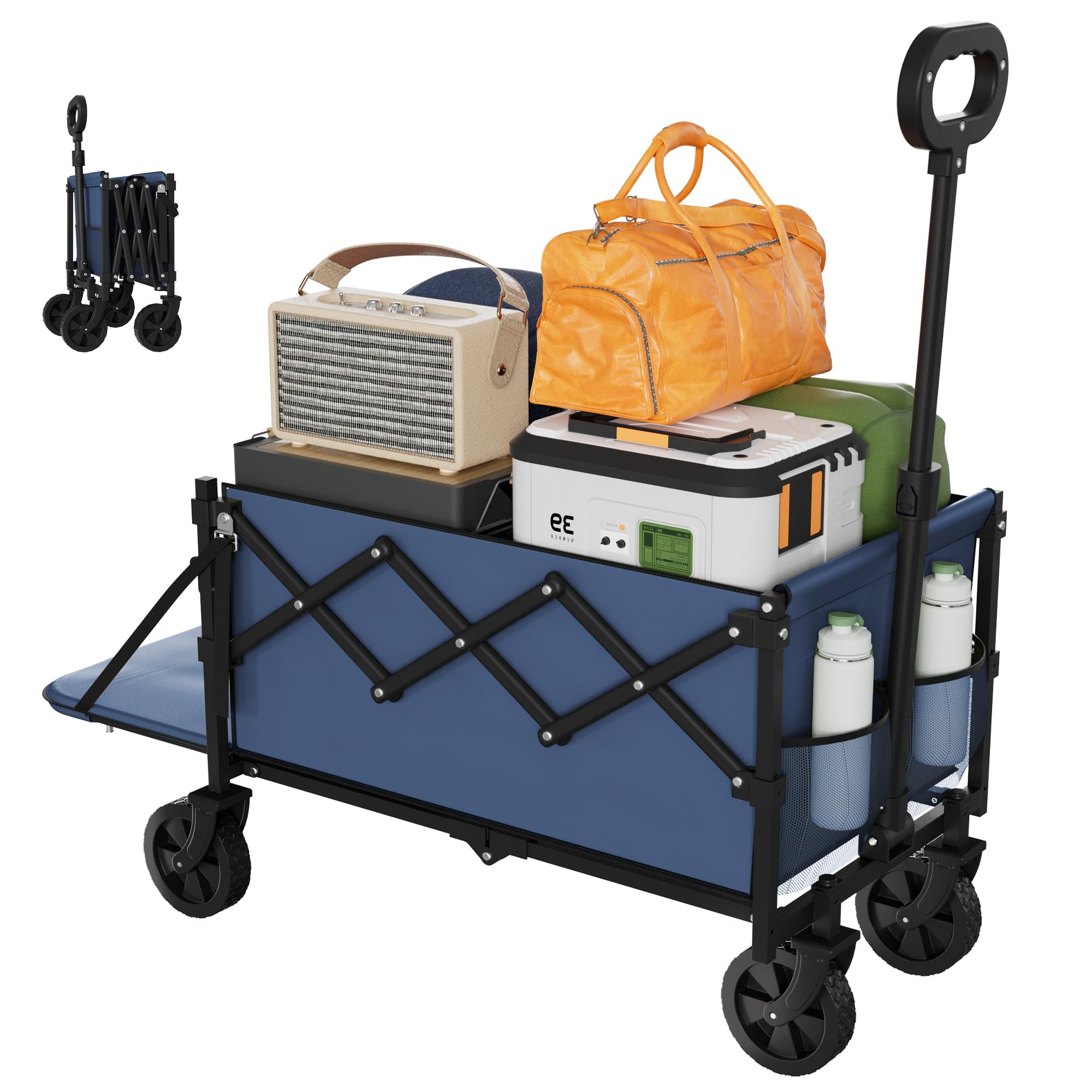 Foldable Wagons Carts, Lightweight Collapsible Portable Utility Shopping Cart with Wheels & Tailgate, Folding Grocery Wagon Cart for Grocery, Camping, Shopping, Beach, Garden, Sports Navy