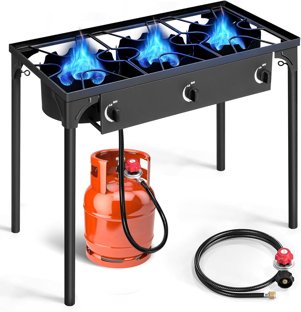 Outvita 3 Burner Propane Gas Stove for Outdoor Cooking, 225,000 BTU | Camping Cooker with Removable Legs, Temperature Control Knobs for Backyard Cooking, BBQ, Baking and Frying