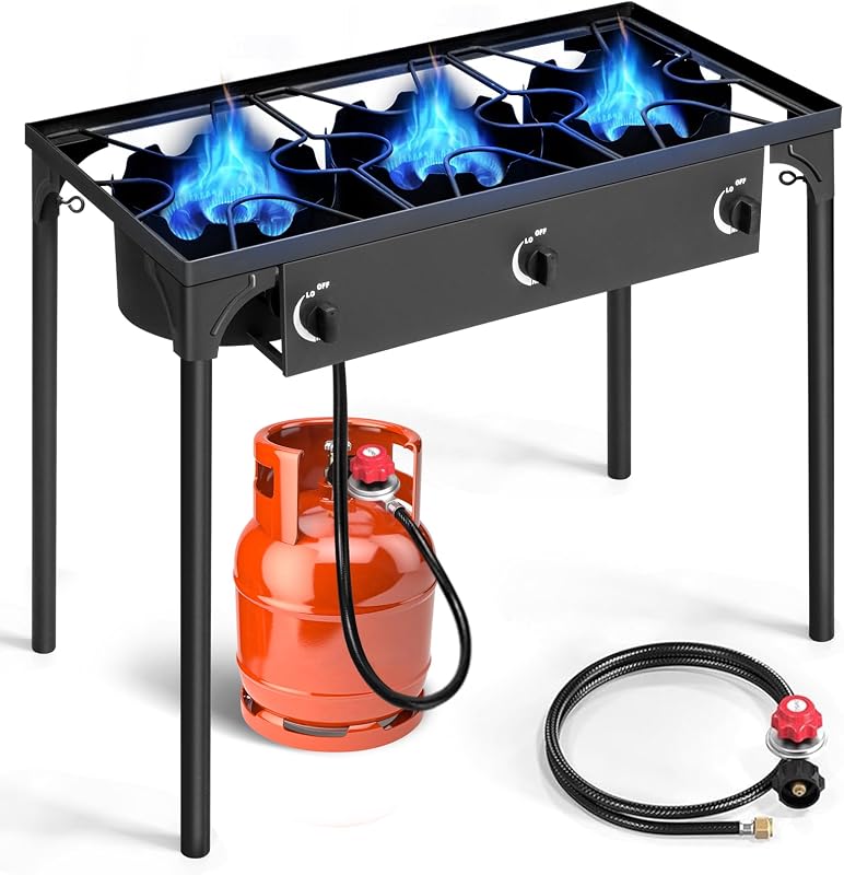 Outvita 3 Burner Propane Gas Stove for Outdoor Cooking, 225,000 BTU | Camping Cooker with Removable Legs, Temperature Control Knobs for Backyard Cooking, BBQ, Baking and Frying