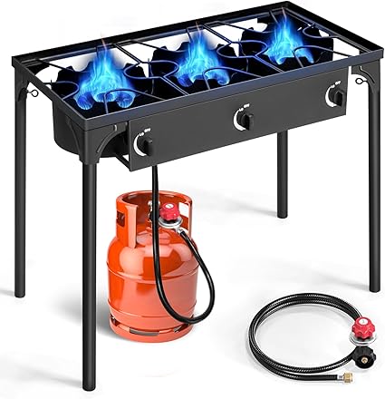 Outvita 3 Burner Propane Gas Stove for Outdoor Cooking, 225,000 BTU Camping Cooker with Removable Legs, Temperature Control Knobs for Backyard Cooking, BBQ, Baking and Frying