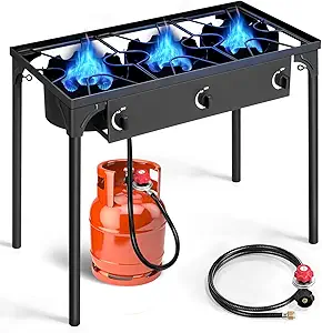 Outvita 3 Burner Propane Gas Stove for Outdoor Cooking, 225,000 BTU Camping Cooker with Removable Legs, Temperature Control Knobs for Backyard Cooking, BBQ, Baking and Frying