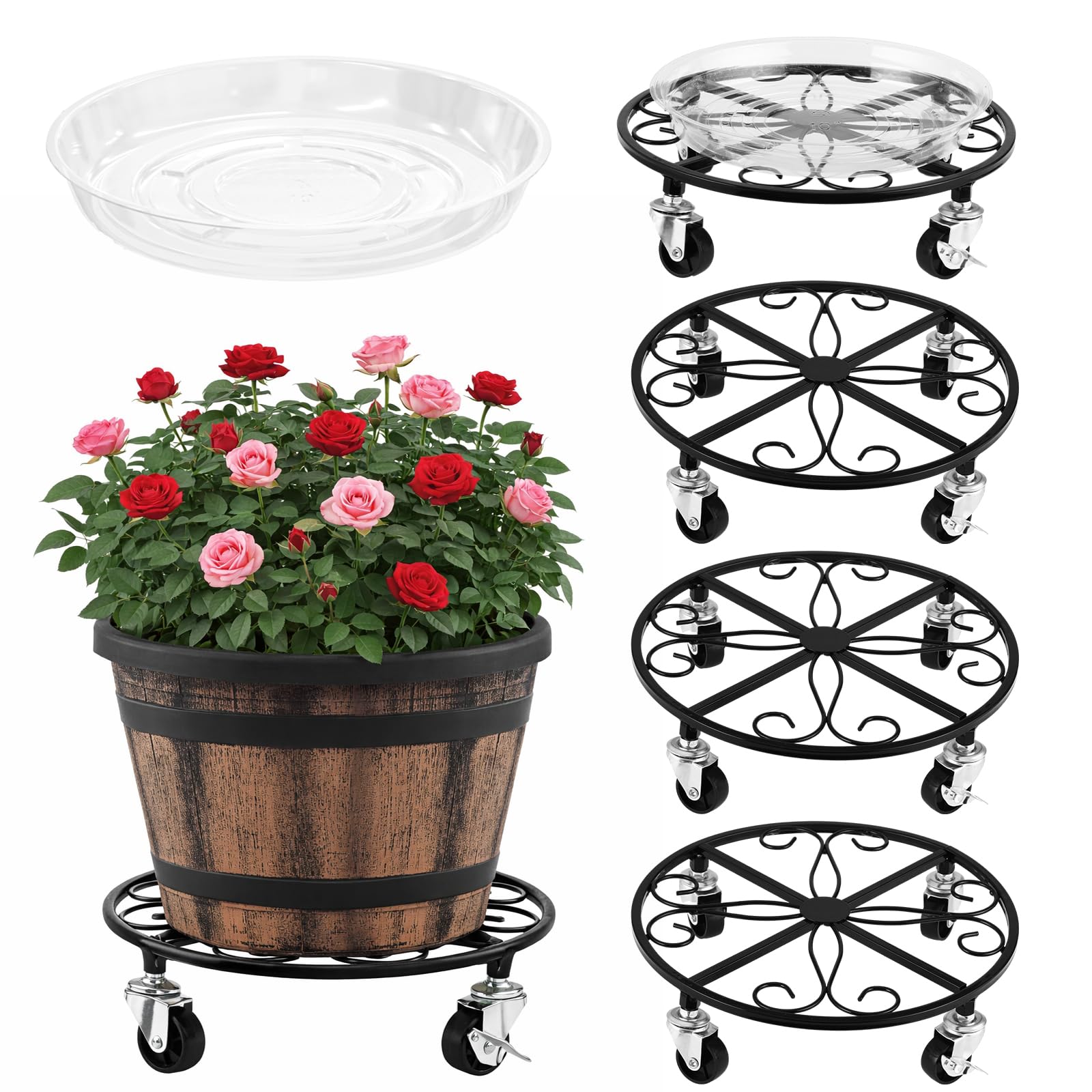 4 Pack Plant Caddy with Wheels 10 Inch Rolling Plant Stand for Large Plants Heavy Duty Plant Rollers Metal Plant Dolly Rustproof Planter Stand Wrought Iron Plant Stands Flower Cart Indoor Outdoor
