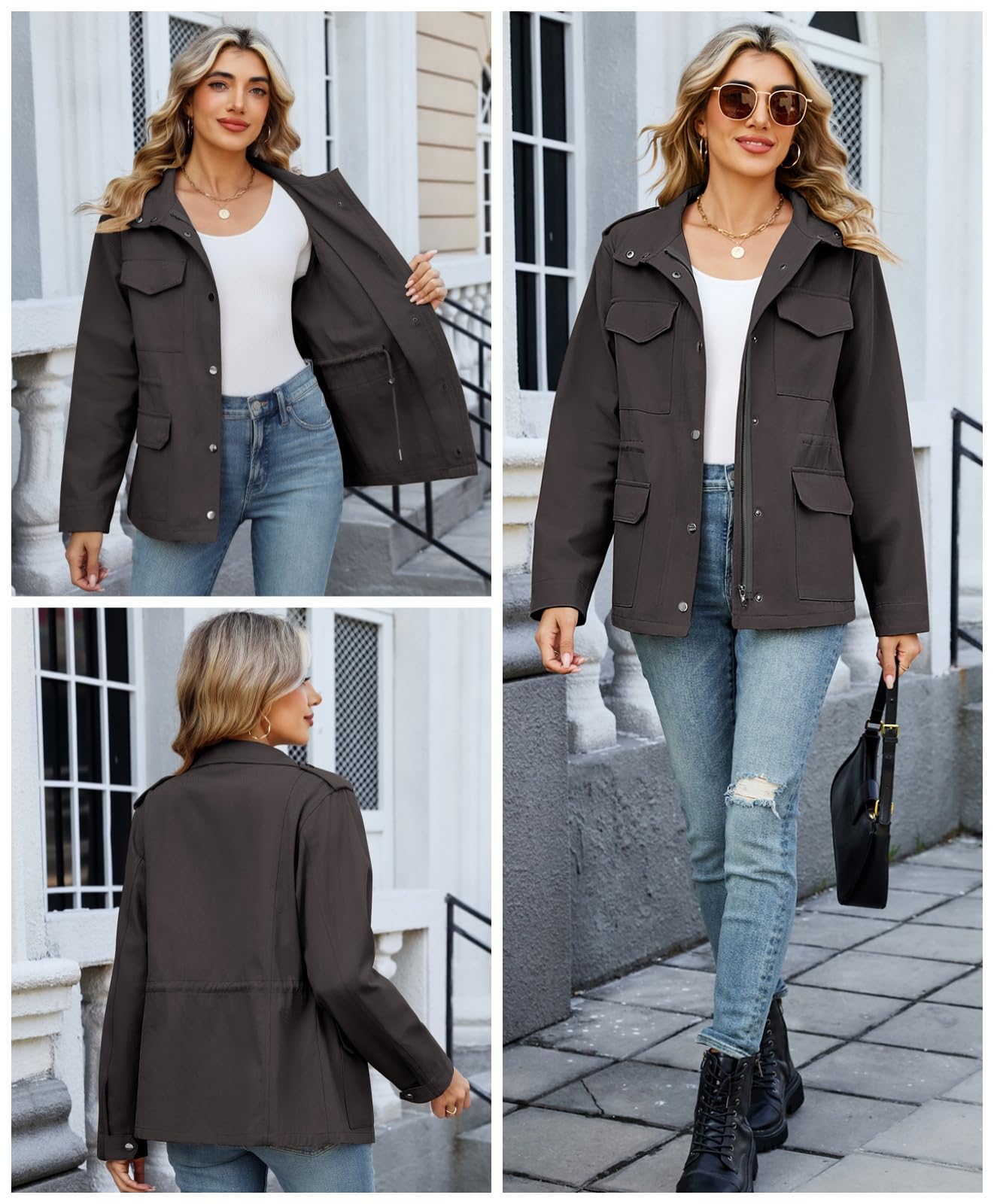 Tuopuda Chaqueta Militar Mujer de Algodón Ligero Primavera Otoño Entretiempo Cazadora Casual Chaqueta Cintura Alta Cordón Parka con Bolsillos