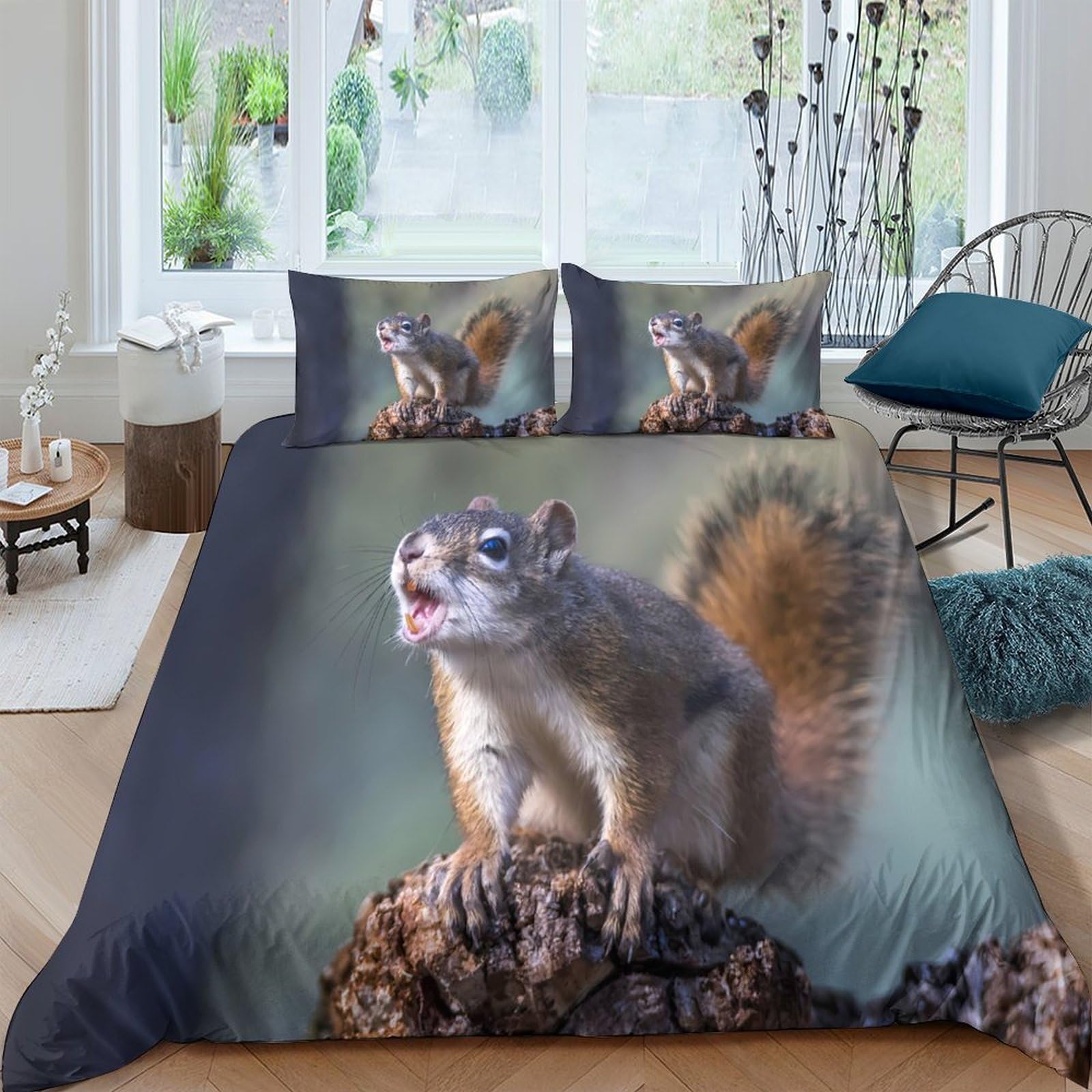 XFKLYNVCJ 3D Printed Squirrel yawn Quilt Cover Premium Polyester Wild animal nature Bedding Cover Easy Care Quick Drying for Housewarming Gift New Homeowners Use King（220x240cm）