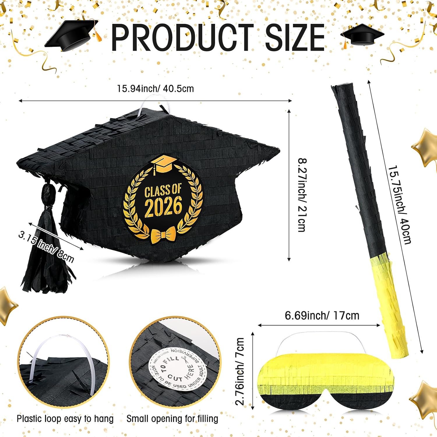 HyDren 16 Inch Graduation Piñata 2026 Class of 2026 Graduation Cap Piñata with Blindfold Bat and Confetti for College Middle School Elementary Congrats Grad(black gold,Fashion Style)