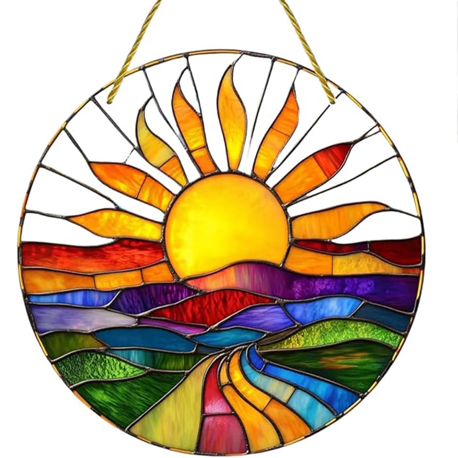 1 Pack Colorful Acrylic Sun Catcher Hanging Ornament for Windows, 20x20cm Stained Glass Style Window Decor for Home Garden Living Room, Vibrant Landscape Sunlight Catcher with Chain and Hook
