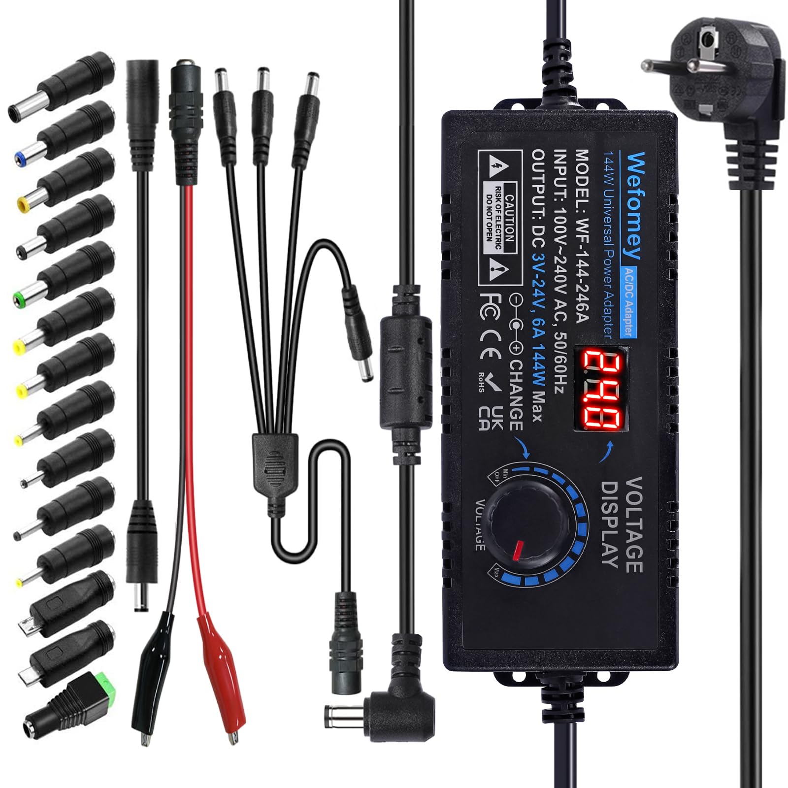 3V-24V 6A 144W Einstellbares Netzteil Universal Netzteiladapter Verstellbarer Netzadapter 100V-240V AC to DC mit LED Spannungsanzeige und 14 Tipps für Haushaltselektronik, 6000mA Max