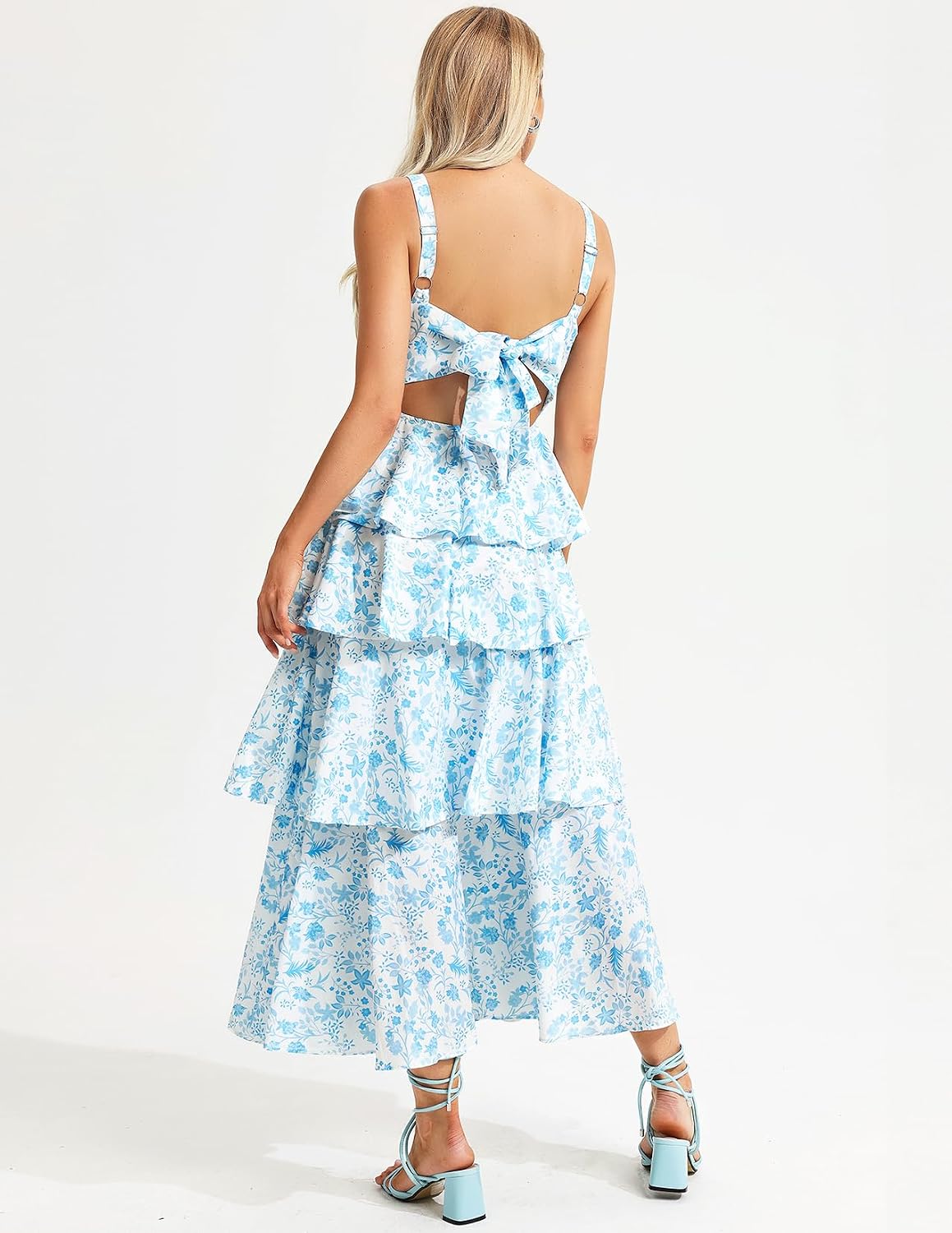 Blue Ruffle Dress Maxi Slip Dress Stunning Tiered Dress Women Chic Floral Dress