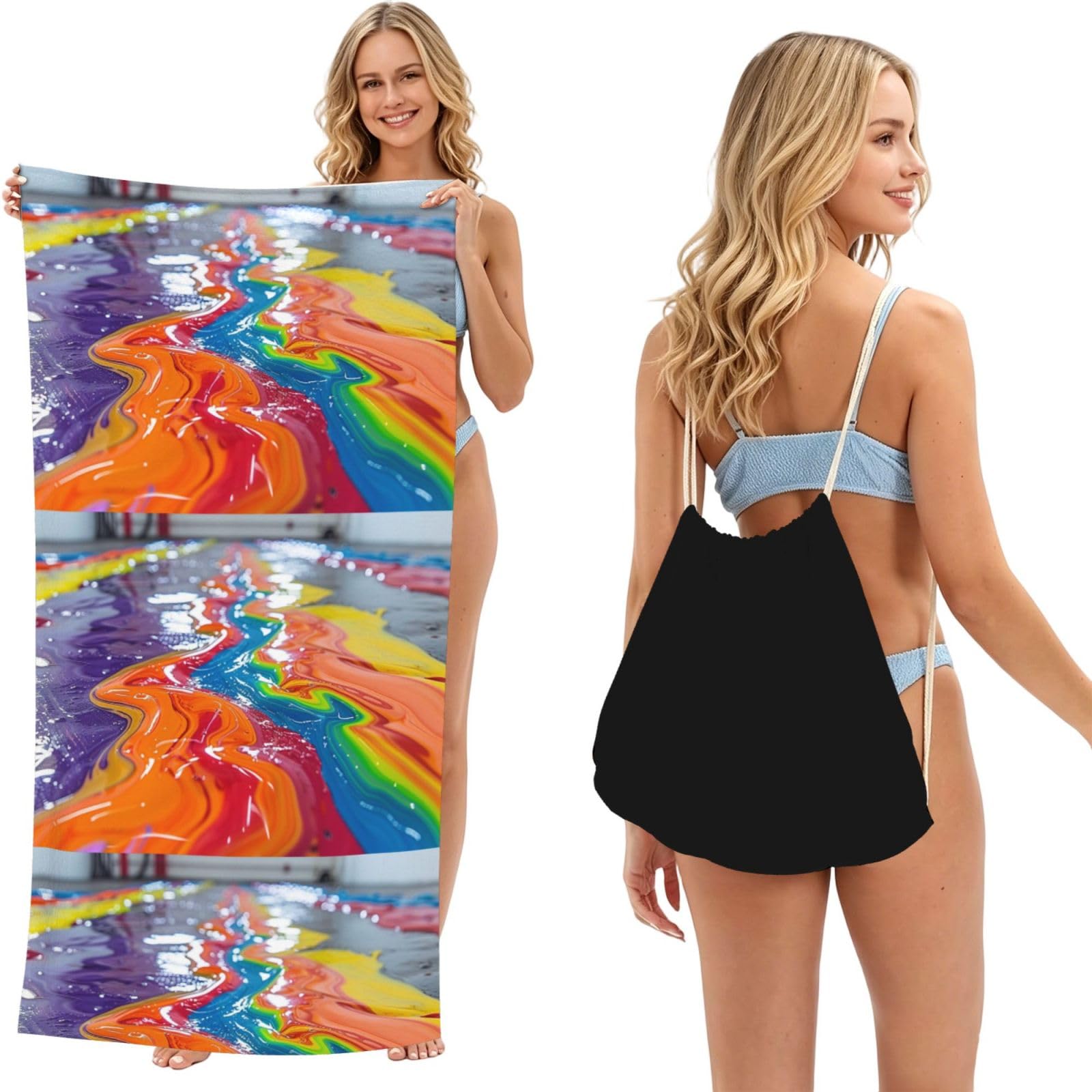 SKGOHLH Oil painting of rivers 2in1 Packable Beach Towel Bag Women