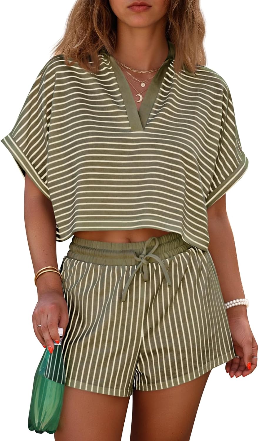 Cicy Bell Womens Striped 2 Piece Short Sets Summer Short Sleeve Collared V Neck Cropped Tops Vacation Casual Lounge Outfits
