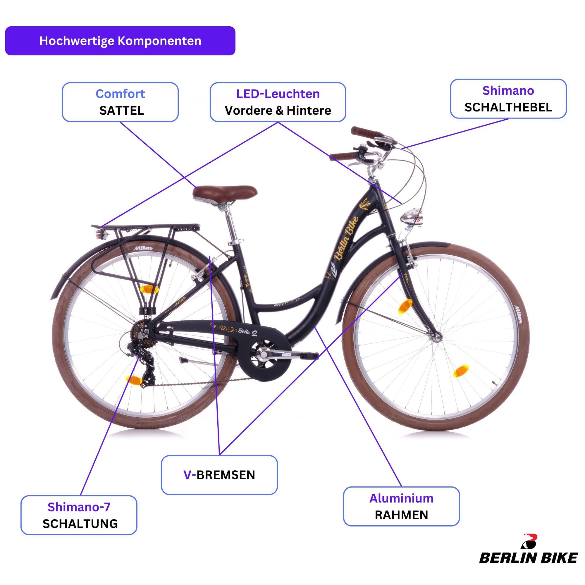 Bella 2 Premium City Bike 28 Zoll Damenfahrrad Komfort Hollandrad Vintage Fahrrad, 7 Gang-Schaltung Sport & Freizeit
