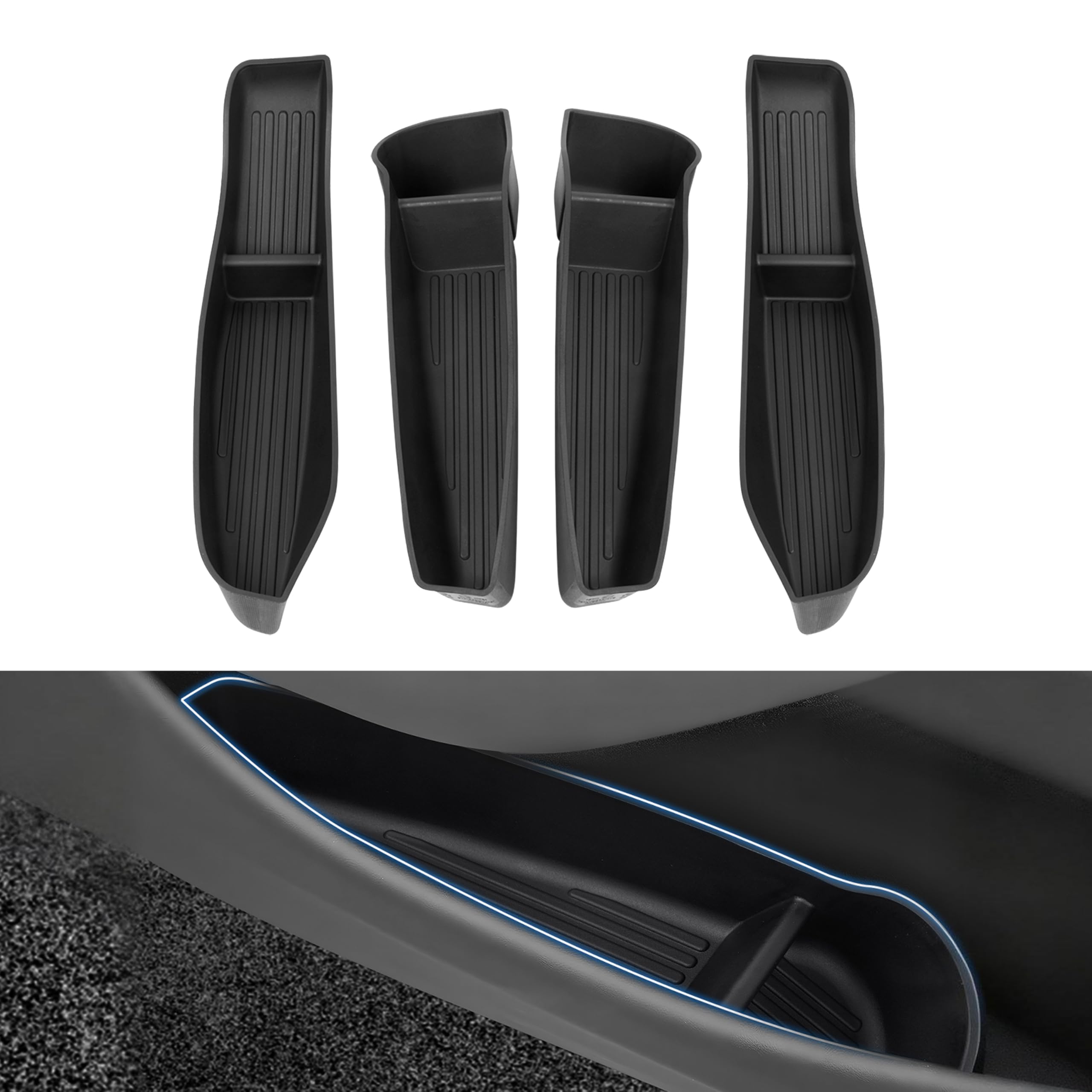 Photo 1 of Shademax Set of 4 Car Door Organizer Tray for Tesla Model Y Juniper 2026 2025 Front& Rear Door Side Storage Box for New Model Y Juniper Accessories 2026 Slot Pockets Organizer Insert TPE Material