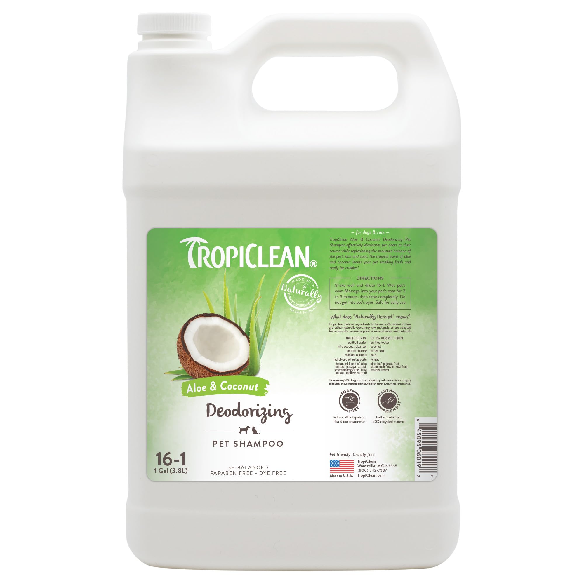 TropiClean Deodorizing Dog Shampoo for Smelly Dogs, Professional Dog Shampoo, Powerful Odor Control, Puppy Safe, Aloe & Coconut Scent, 1 Gallon