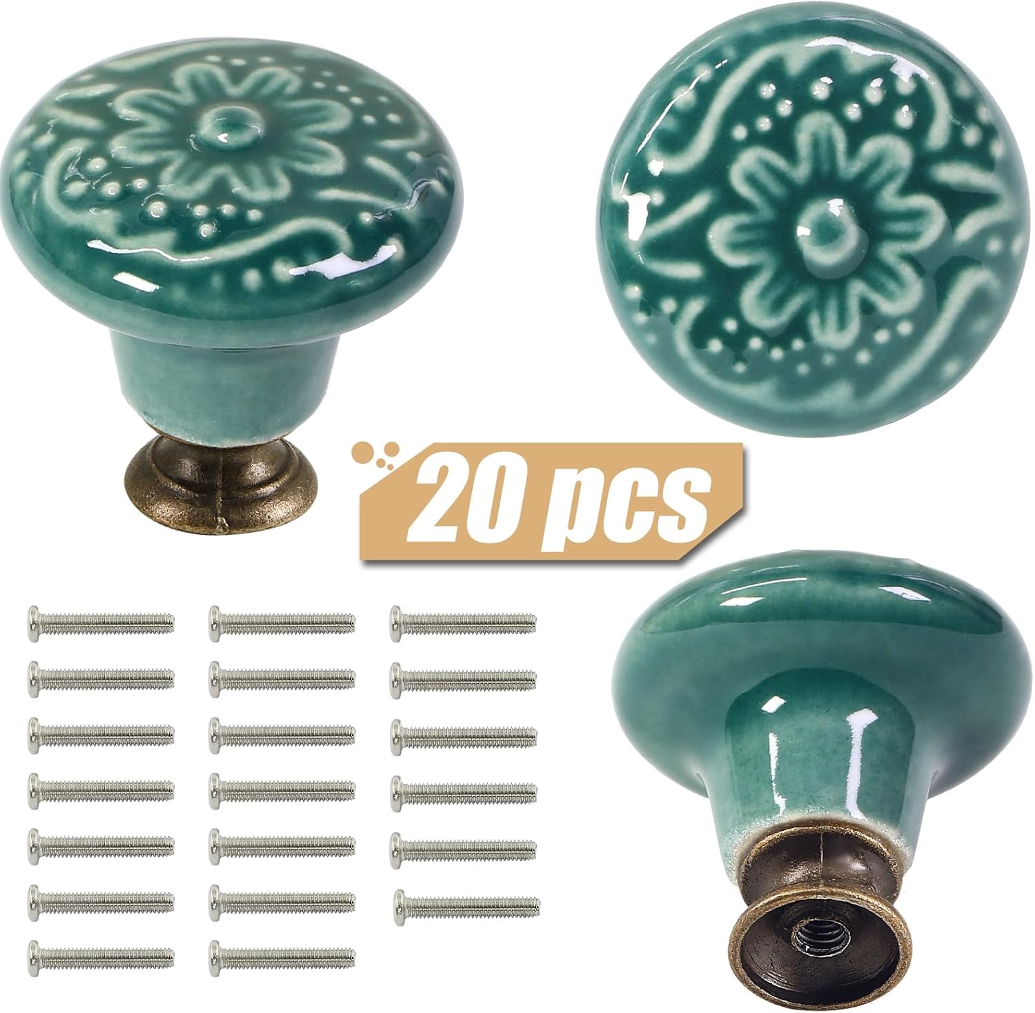 Green Ceramic Knobs 20 Pack Flower Drawer Pulls Vintage Cabinet Knobs - Antique Dresser Pulls with Screws for Closet Drawer Cupboard Cabinet and DIY Home Project