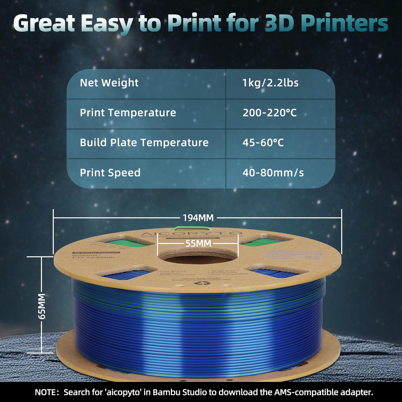 Filamento PLA de seda tricolor azul-verde-morado de 0.069 pulgadas, filamento de ácido poliláctico de seda multicolor para impresora 3D, carrete de 2.2 libras, precisión dimensional +/-0.02