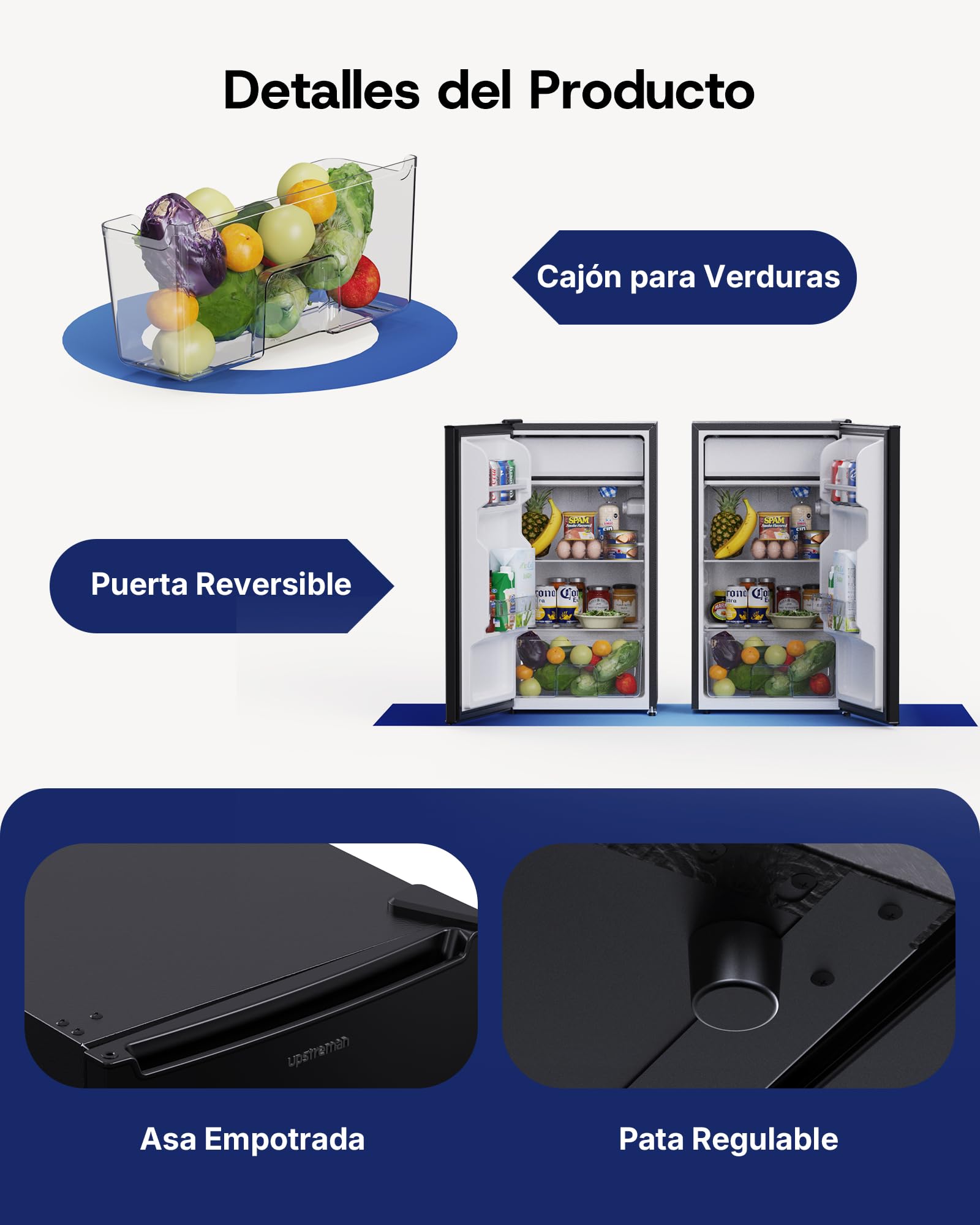 Upstreman 85L Frigorífico Sin Congelador, 0-12°C 5-niveles Regulación de Temperatura, LED-Beleuchtung, 39 dB Silencioso, Energéticamente Eficiente para Dormitorio, Oficina, Cocina, CR85-Negro