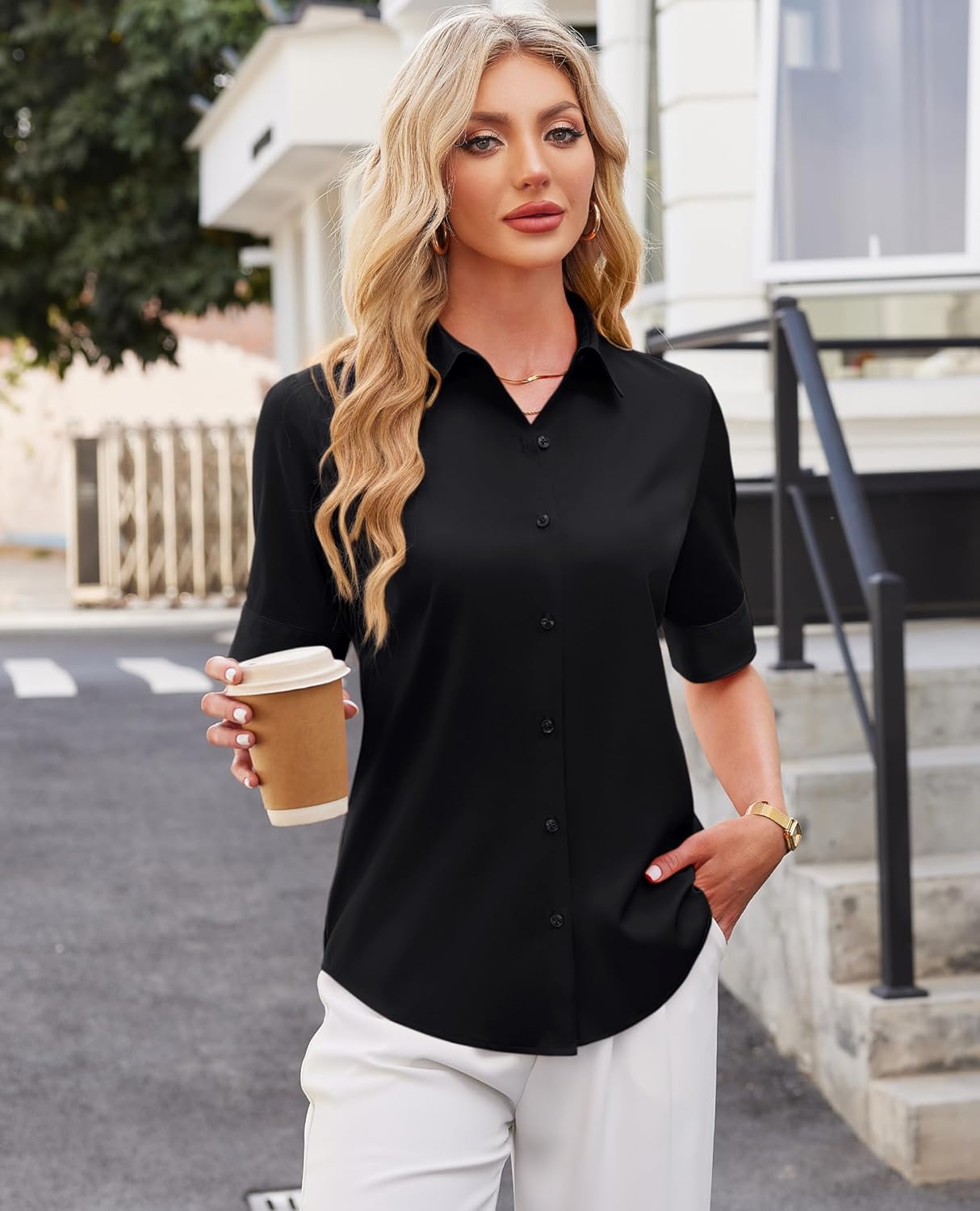 Button Down Shirts for Women Fitted Short Sleeve Dress Shirt Collared Blouses Work Tops Wrinkle Free - Image 2