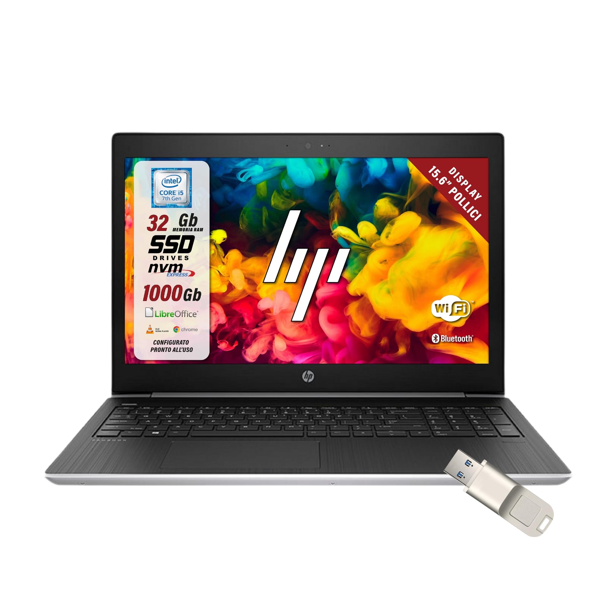 HP Probook, Pc Portatile intel i5-7200u 2.5Ghz 2 Core, Display HD da 15.6", Ram 32Gb, SSD 1000 Gb, Notebook Pronto all'uso con Libre Office, Omaggio Chiavetta USB Finger Print (Ricondizionato)