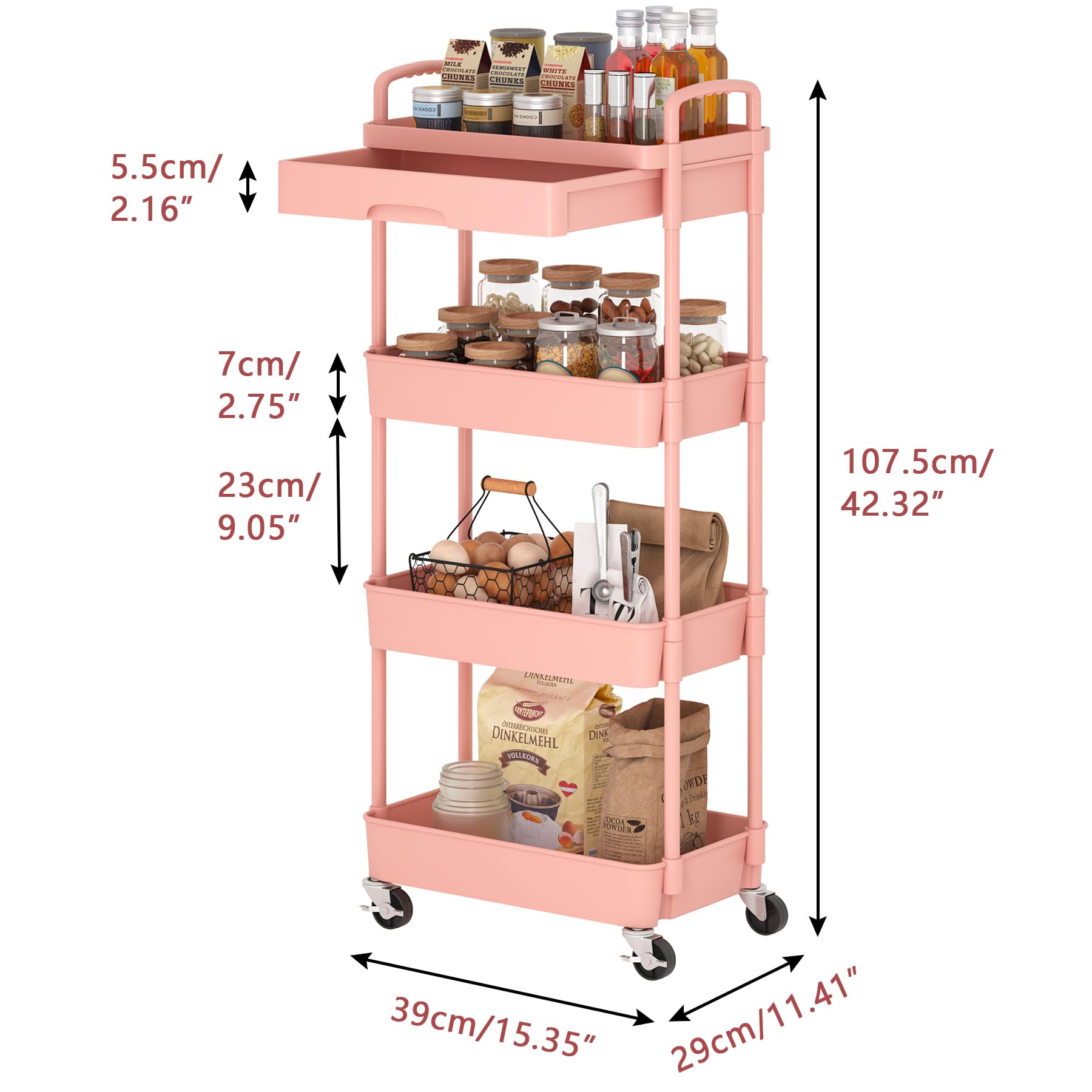 Dttwacoyh, Pratico carrello portatile a 3 livelli con cassetti, carrello portaoggetti con ripiani in plastica, adatto per uffici, cucine, lavanderia, bagno, trucco, nero