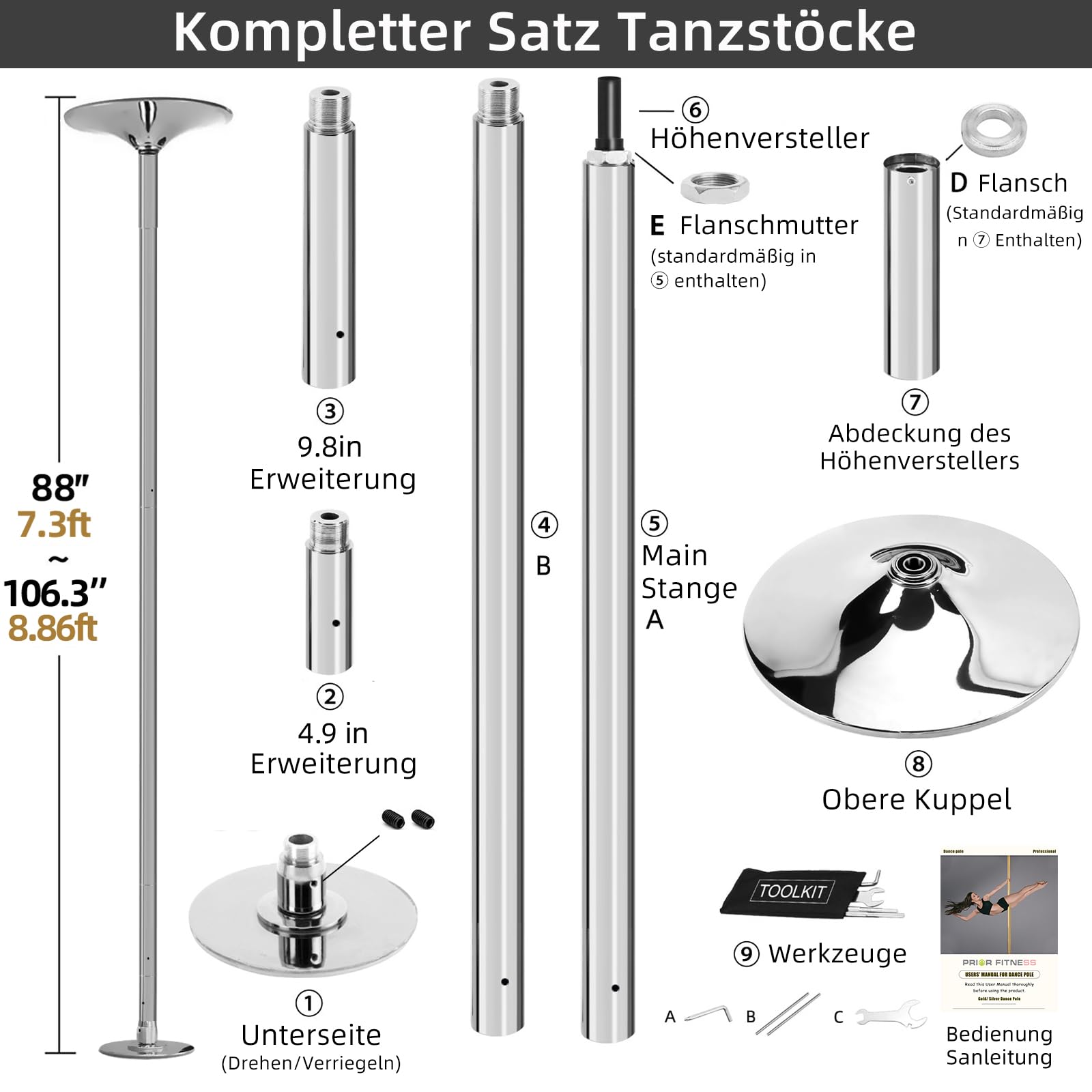 PRIOR FITNESS Professionelle Tanzstange, 45mm Poledance Set, Höhenverstellbar, Robust, Drehbar & Abnehmbar, Tragbar, CE-Zertifikat, Silber – Für Heim, Wohnung, Studio, Party & Fitness