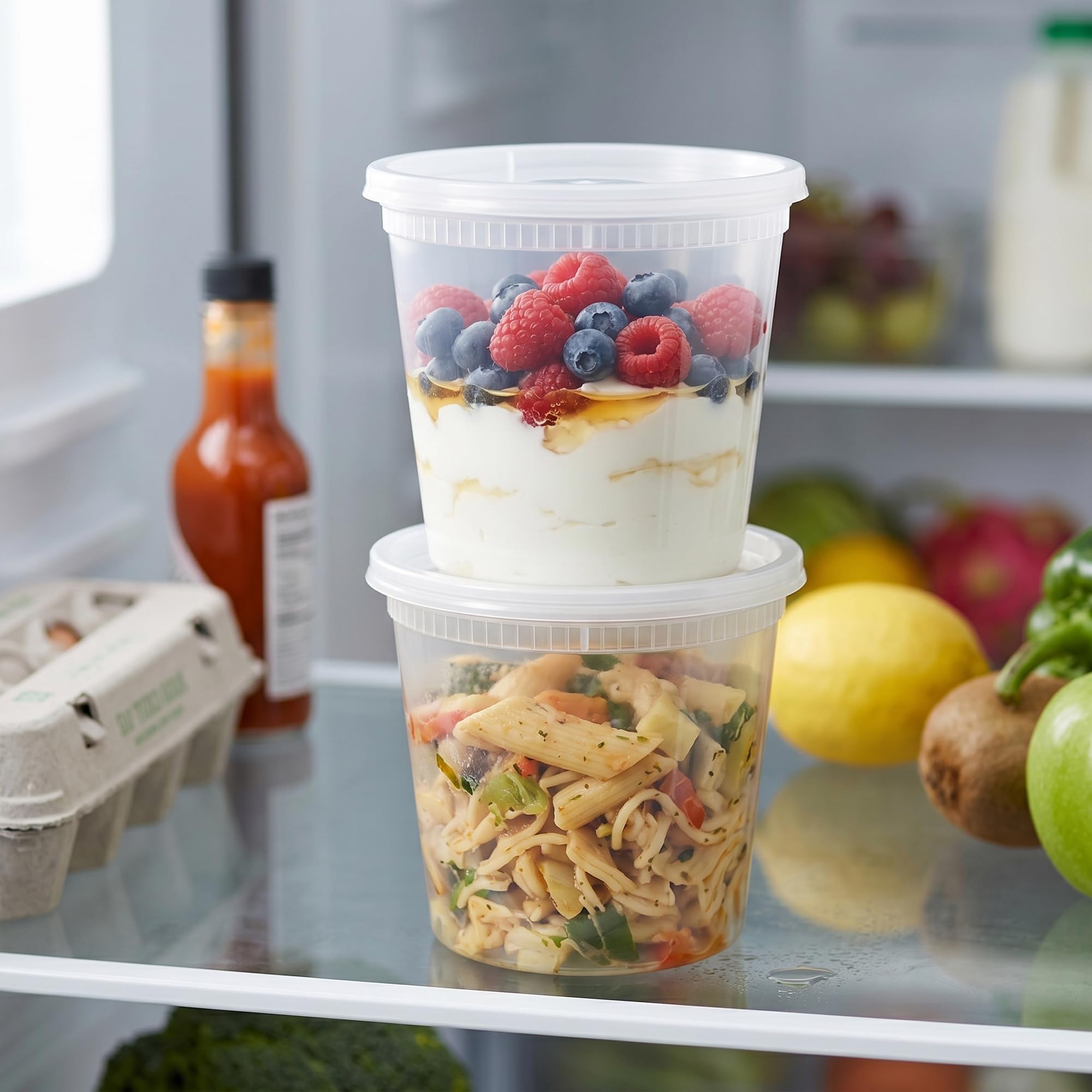 SEUNMUK 48 recipientes redondos de plástico con tapas, recipientes reutilizables de almacenamiento de sopa de 24 onzas, vasos de delicatessen a prueba de fugas, recipiente redondo para preparación de