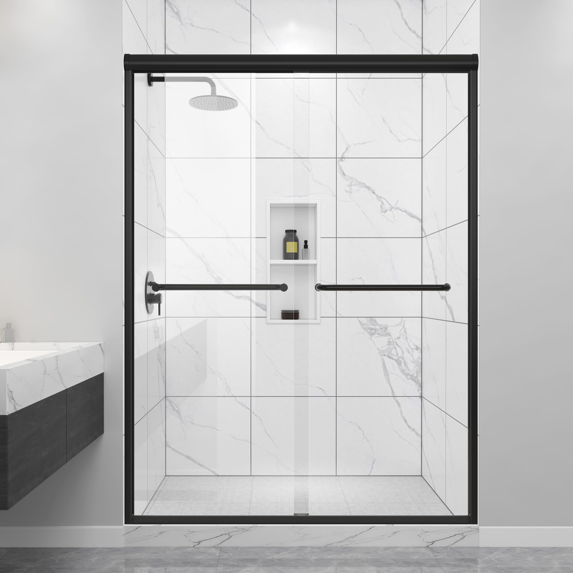 Black Double Sliding Shower Door 49-49-54" W x 70" H, Matte Black, Bypass Shower Door, Clear Glass, Framed, 1/4" (6mm) Tempered Glass