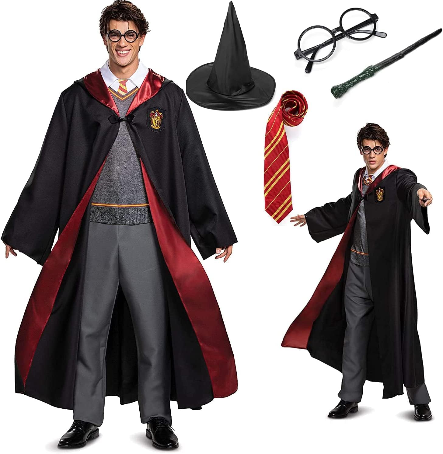 MofishRobe Costume 6 pcs Cosplay set for Halloween Christmas, Striped Tie, Novelty Glasses Frame, Wizard Hat, Magic Wand and Heathered Knit Scarf for Cosplay Party Costume Necktie