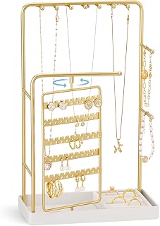 ProCase Gold Rotating Jewelry Organizer Stand - No Assembly Earring Necklace Bracelet Holder with Ring Tray, Vanity Dorm Decor for Teens