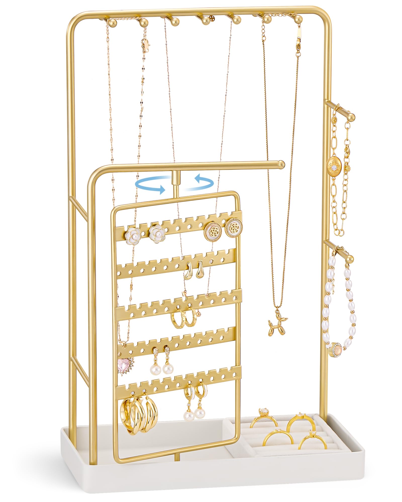 ProCase Jewelry Display Stand Holder, Jewelry Organizer and Storage with Velvet Ring Tray, Rotating Earring Display Bracelet Necklace Holder, Aesthetic Gifts Room Dorm Decor for Teen Girls -Gold