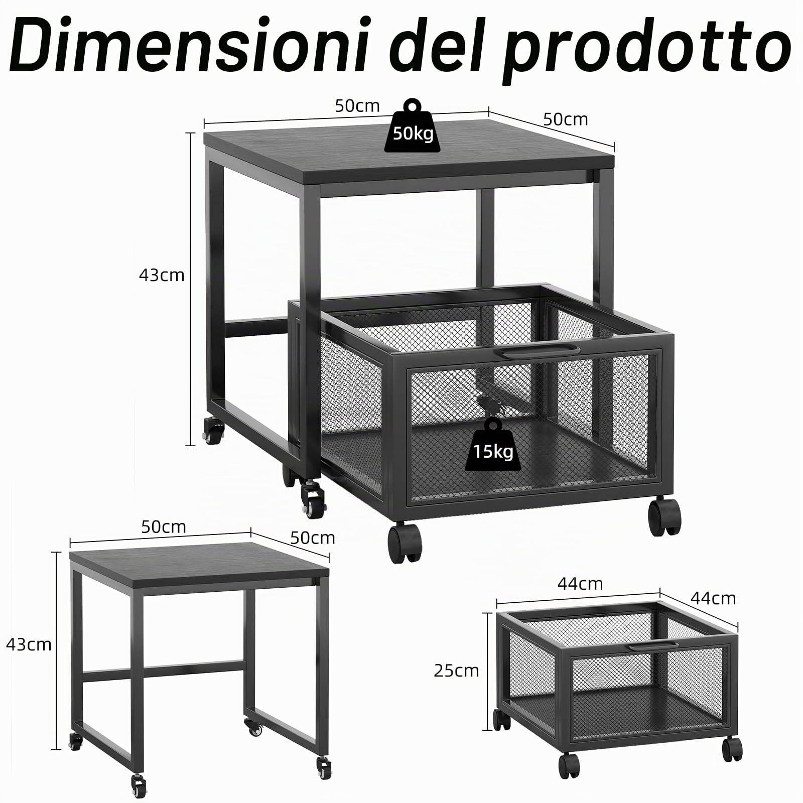 Tavolo per stampante con stoccaggio Drawer, supporto per stampante con ruote universali, supporto per stampante portatile in legno e metallo, 50 x 50 x 43 cm, portata fino a 70 kg, per ufficio, casa