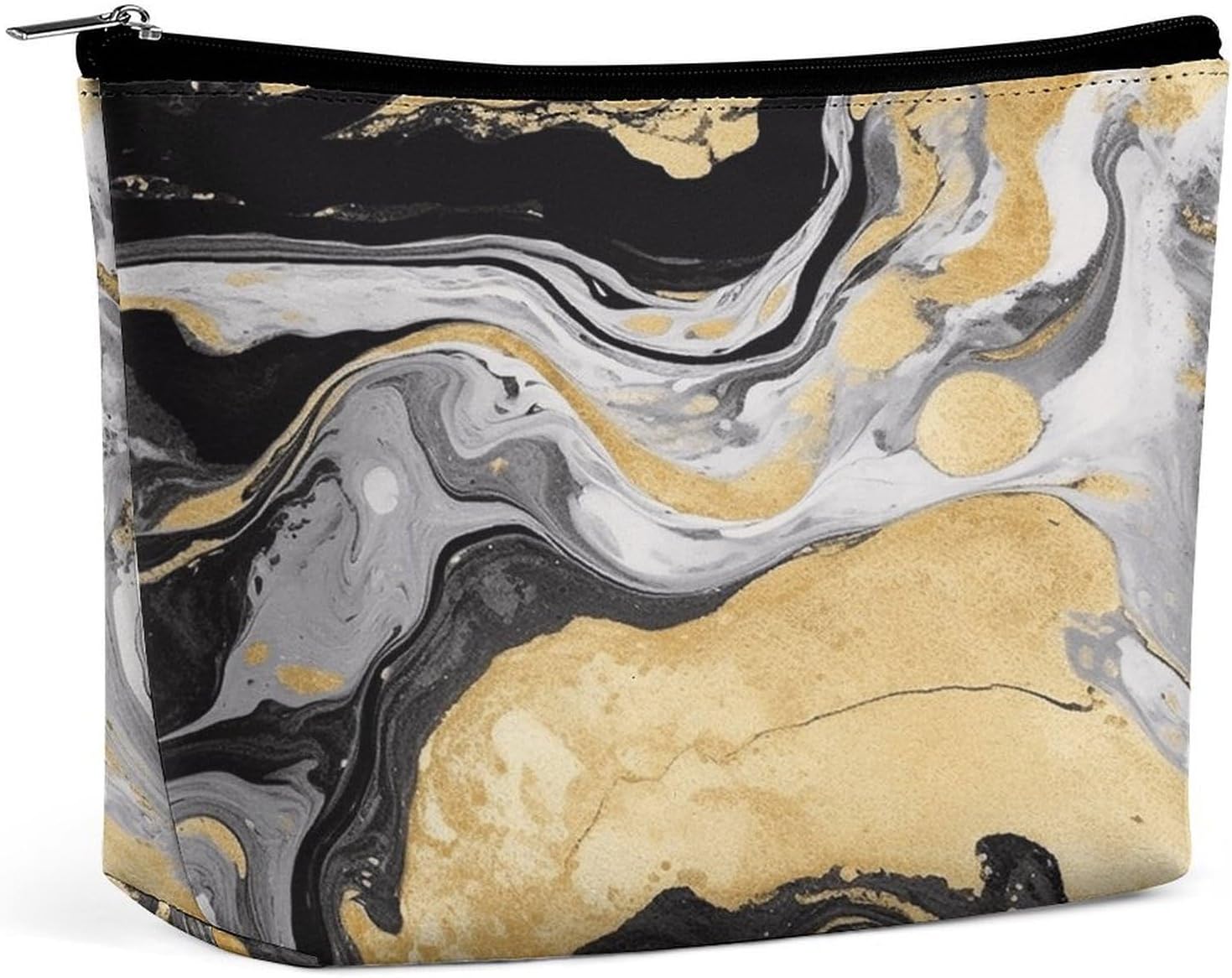 Large Capacity Pu Leather Cosmetic Bags for Women Travel Makeup Bag with Zipper Portable Waterproof Black Golden Marble Ink Toiletry Bags Fashion Coin Purse Elegant Cosmetic Pouch